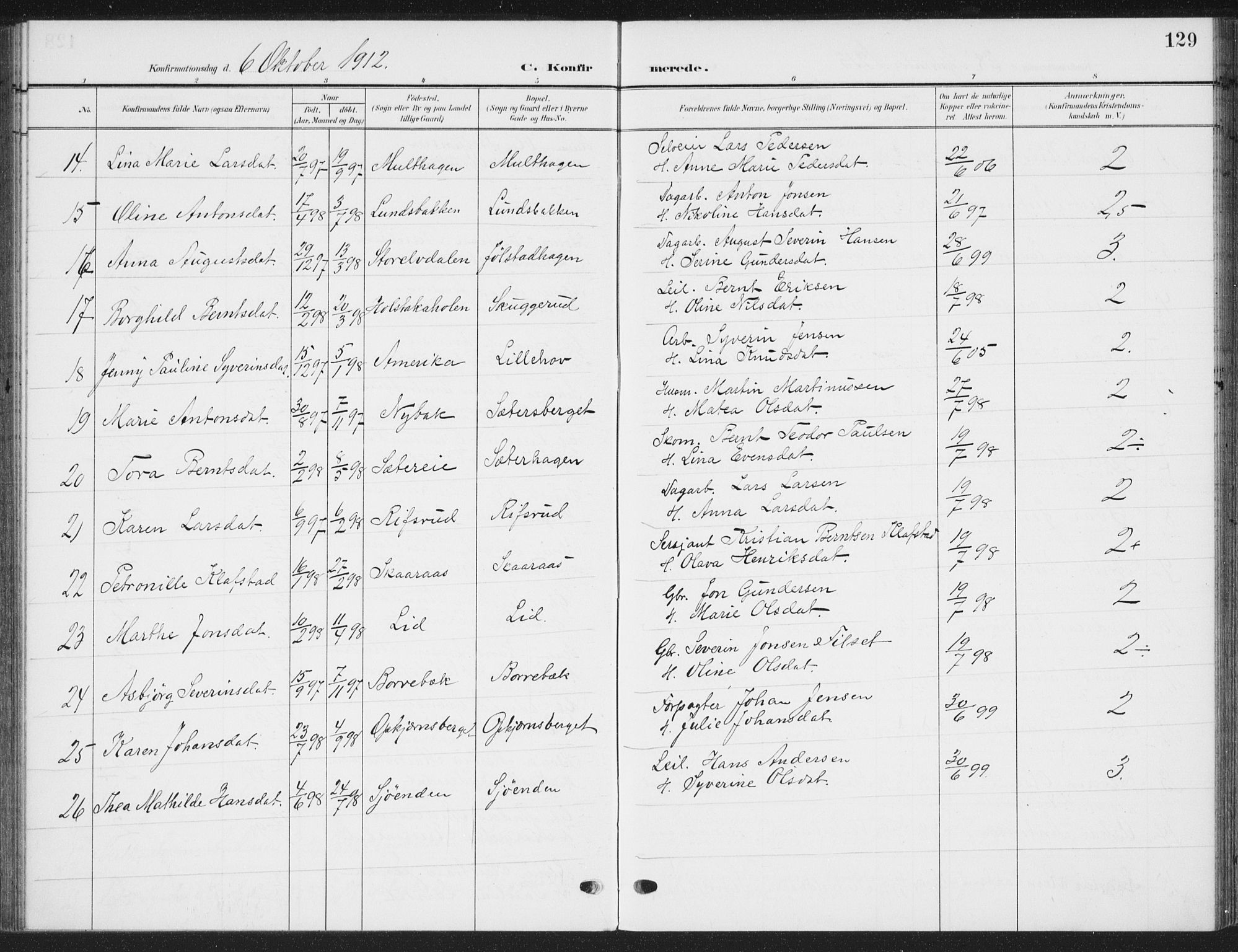 Romedal prestekontor, AV/SAH-PREST-004/K/L0009: Ministerialbok nr. 9, 1906-1929, s. 129