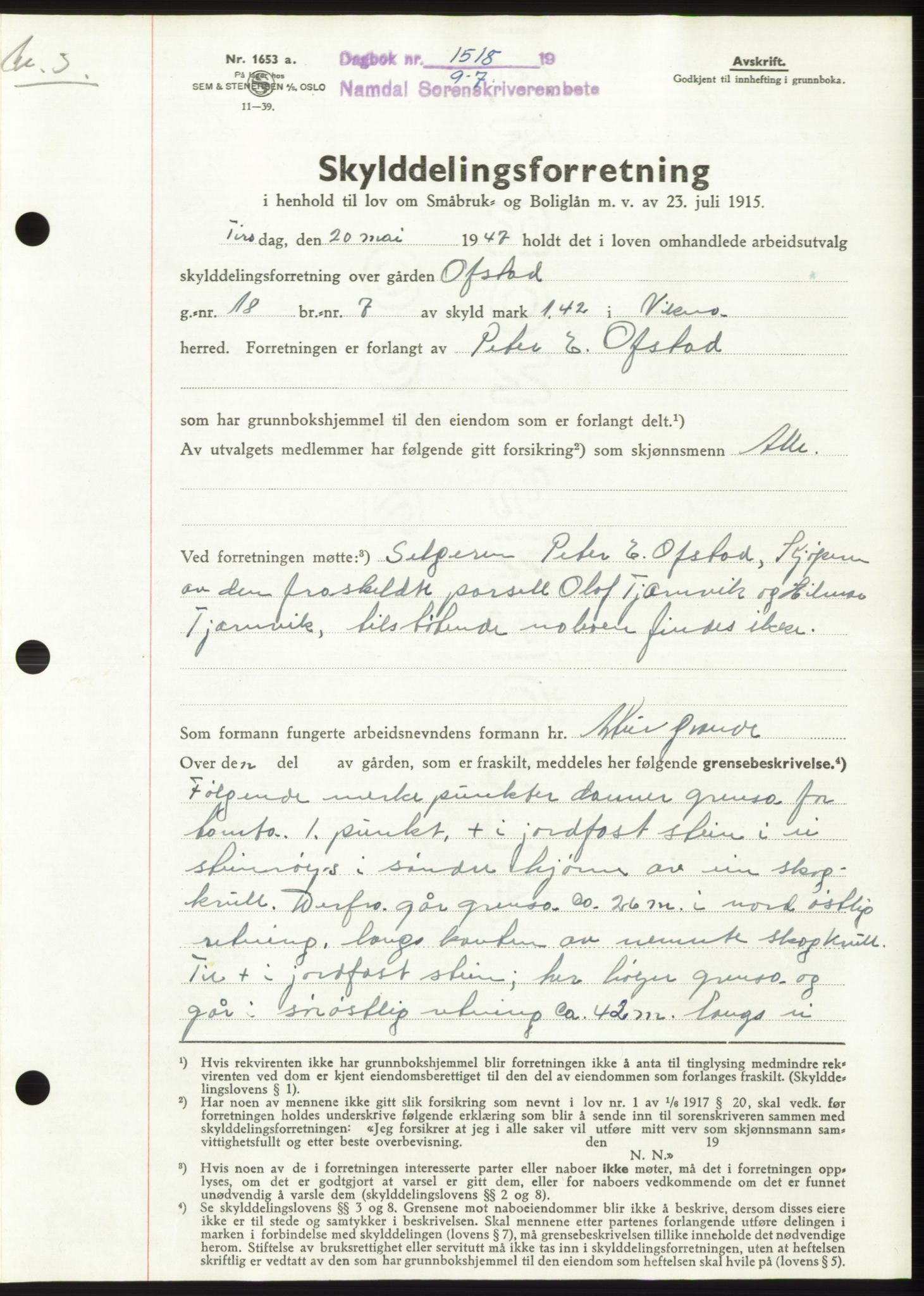 Namdal sorenskriveri, SAT/A-4133/1/2/2C: Pantebok nr. -, 1947-1947, Dagboknr: 1518/1947