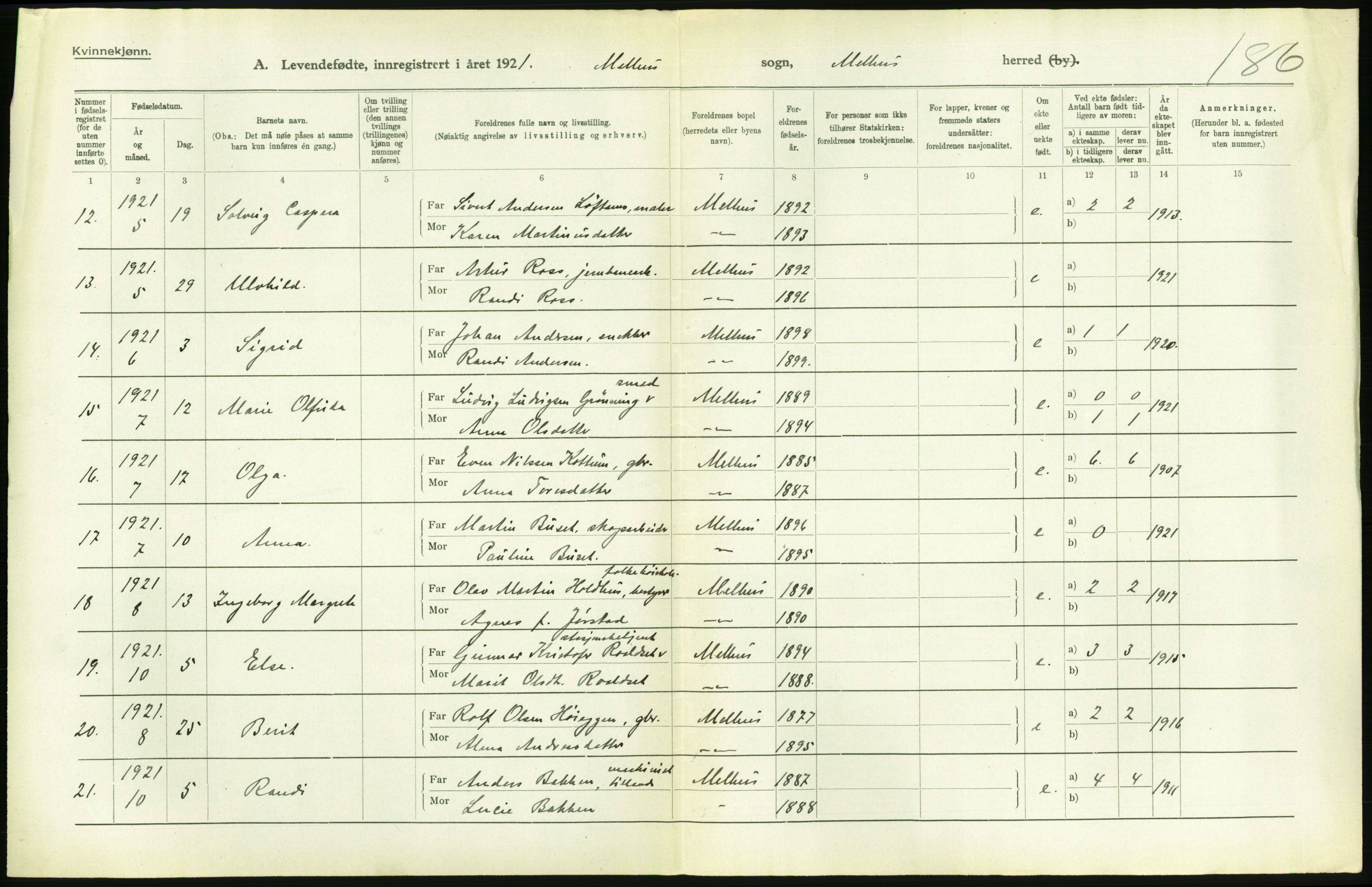 Statistisk sentralbyrå, Sosiodemografiske emner, Befolkning, RA/S-2228/D/Df/Dfc/Dfca/L0043: S. Trøndelag fylke: Levendefødte menn og kvinner. Bygder., 1921, s. 590