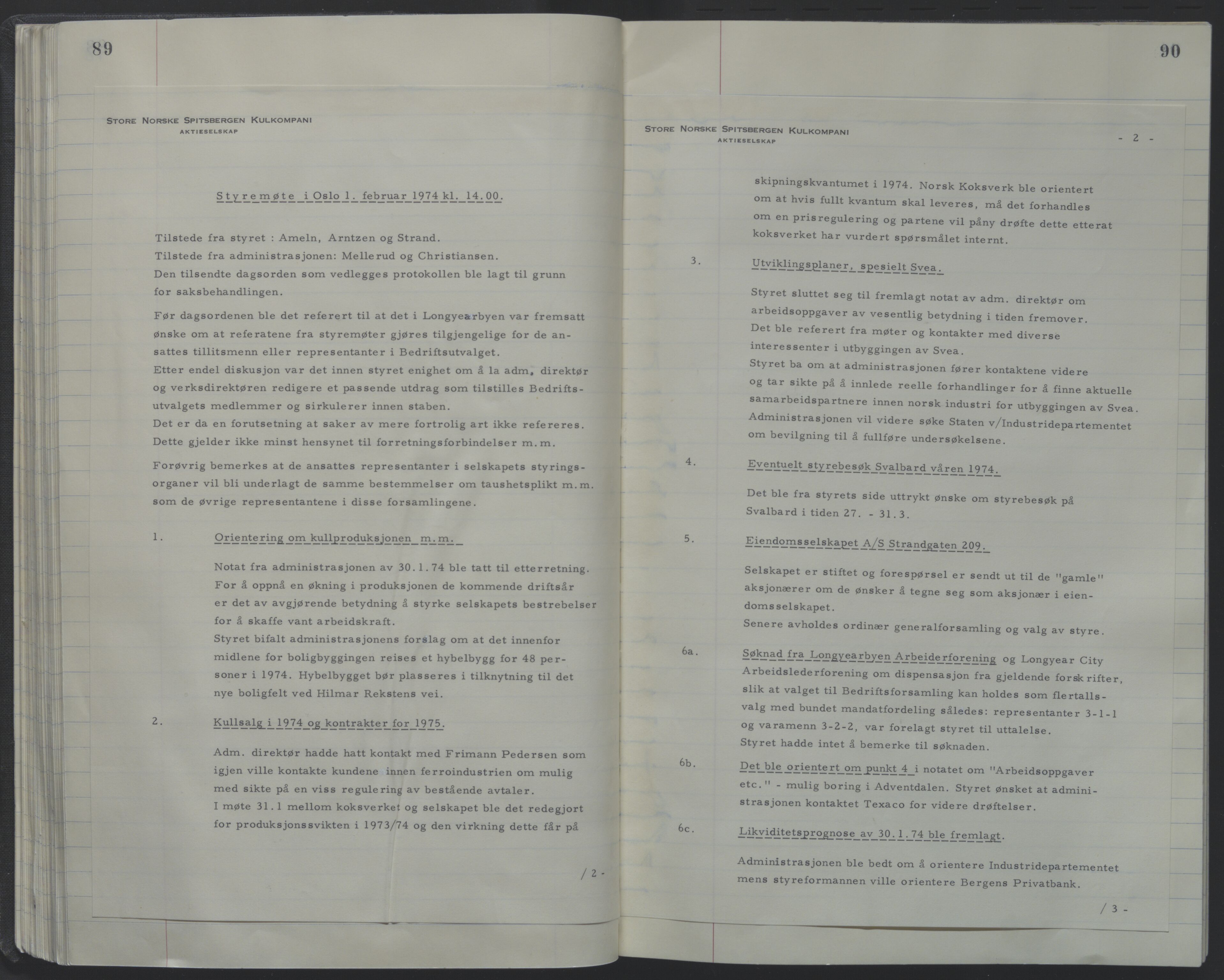 Store Norske Spitsbergen Kulkompani A/S, AV/SATØ-P-0073/09/A/Ab/Aba/L0001: Styreprotokoll 6, 1970-1979, s. 89-90