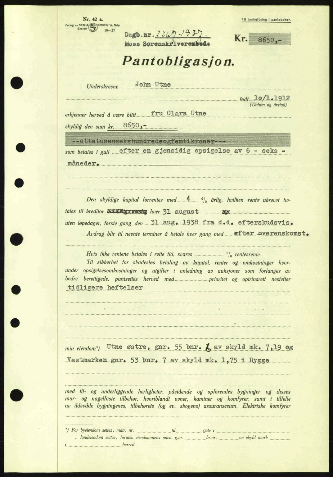 Moss sorenskriveri, SAO/A-10168: Pantebok nr. B4, 1937-1938, Dagboknr: 2267/1937