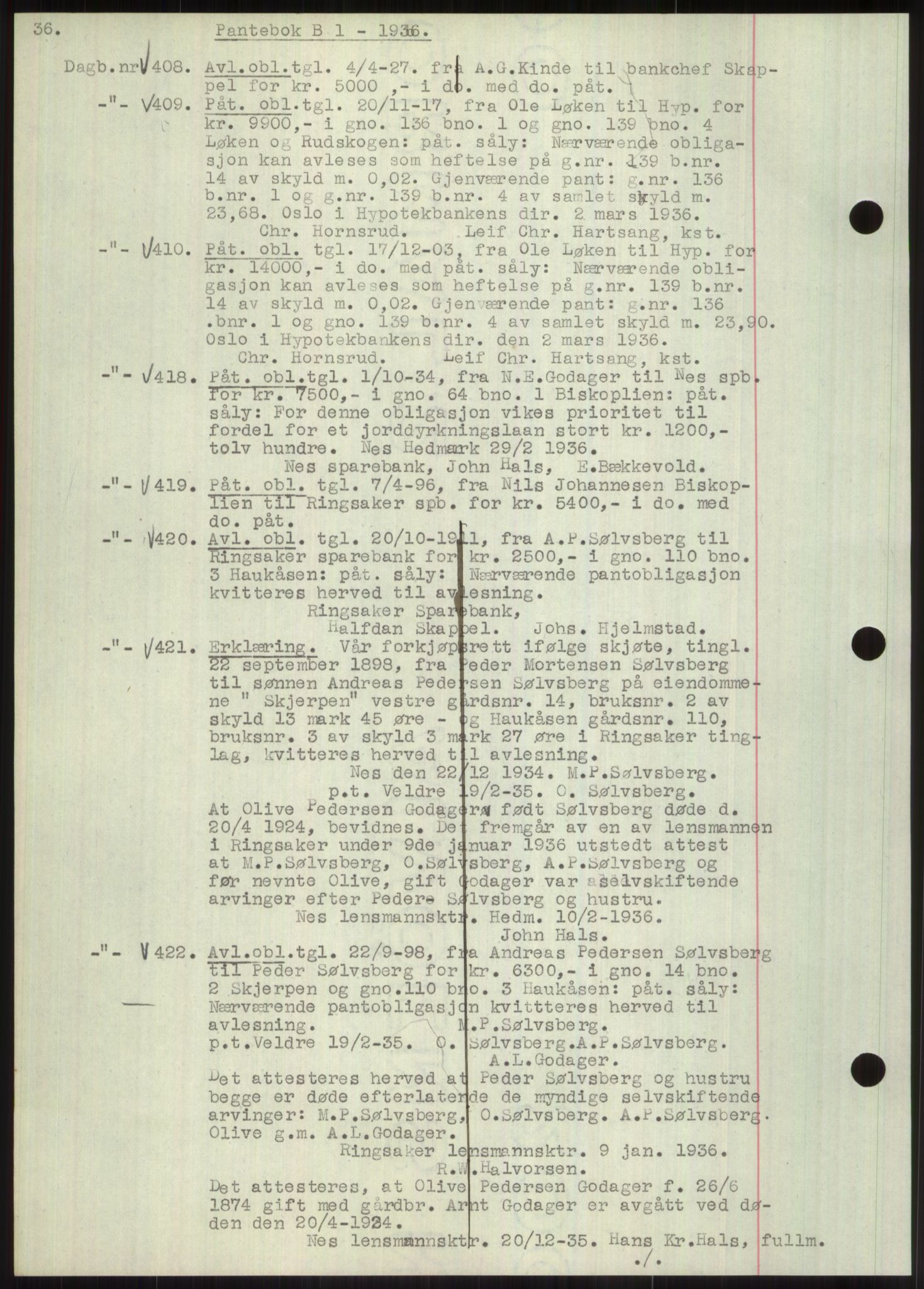 Nord-Hedmark sorenskriveri, SAH/TING-012/H/Hb/Hbf/L0001: Pantebok nr. B1, 1936-1936, Dagboknr: 408/1936