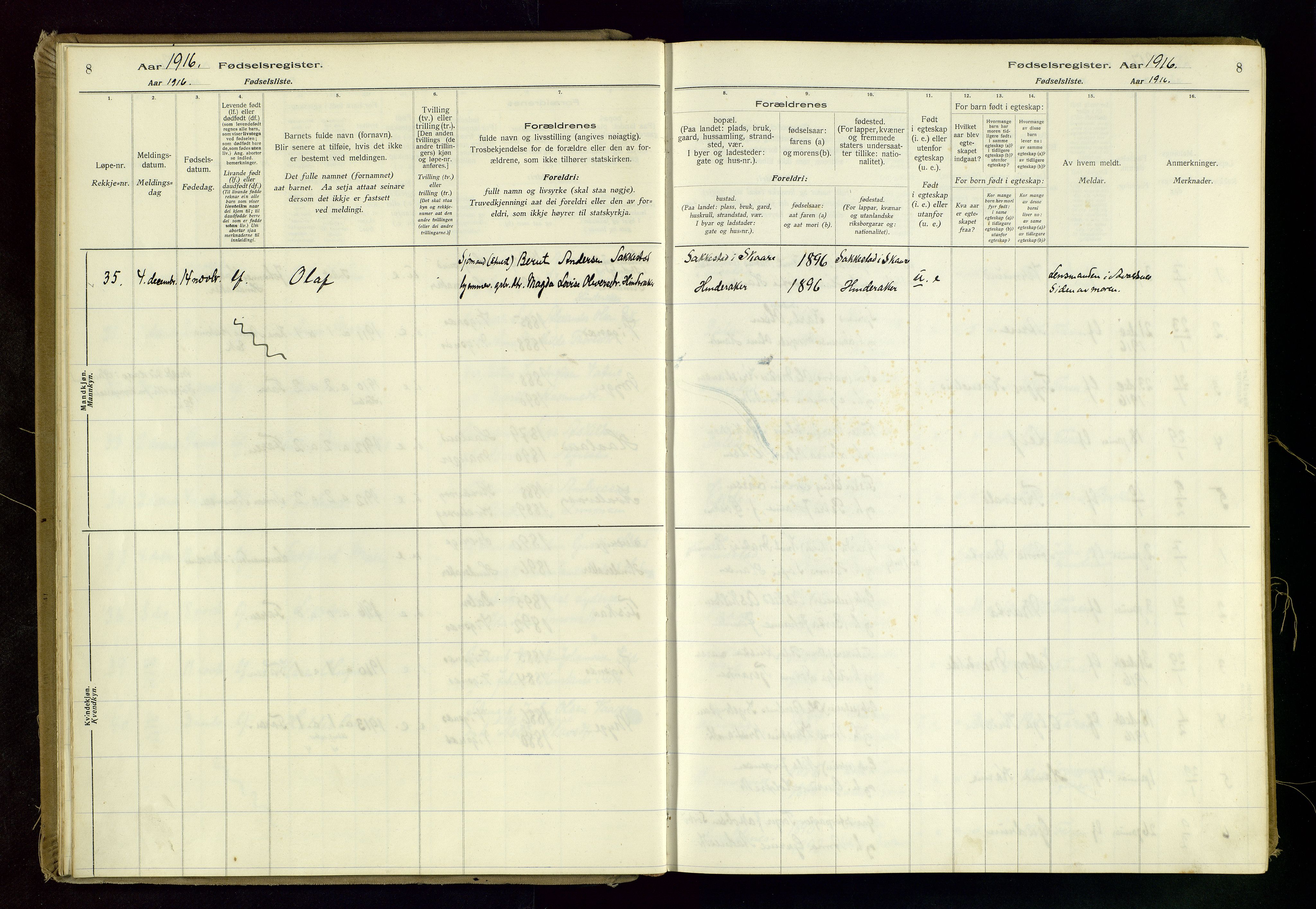 Avaldsnes sokneprestkontor, SAST/A -101851/I/Id/L0001: Fødselsregister nr. 1, 1916-1946, s. 8