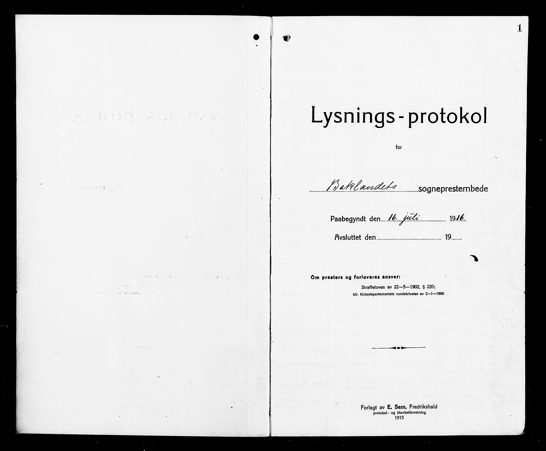 Ministerialprotokoller, klokkerbøker og fødselsregistre - Sør-Trøndelag, AV/SAT-A-1456/604/L0195: Lysningsprotokoll nr. 604A16, 1916-1921, s. 1