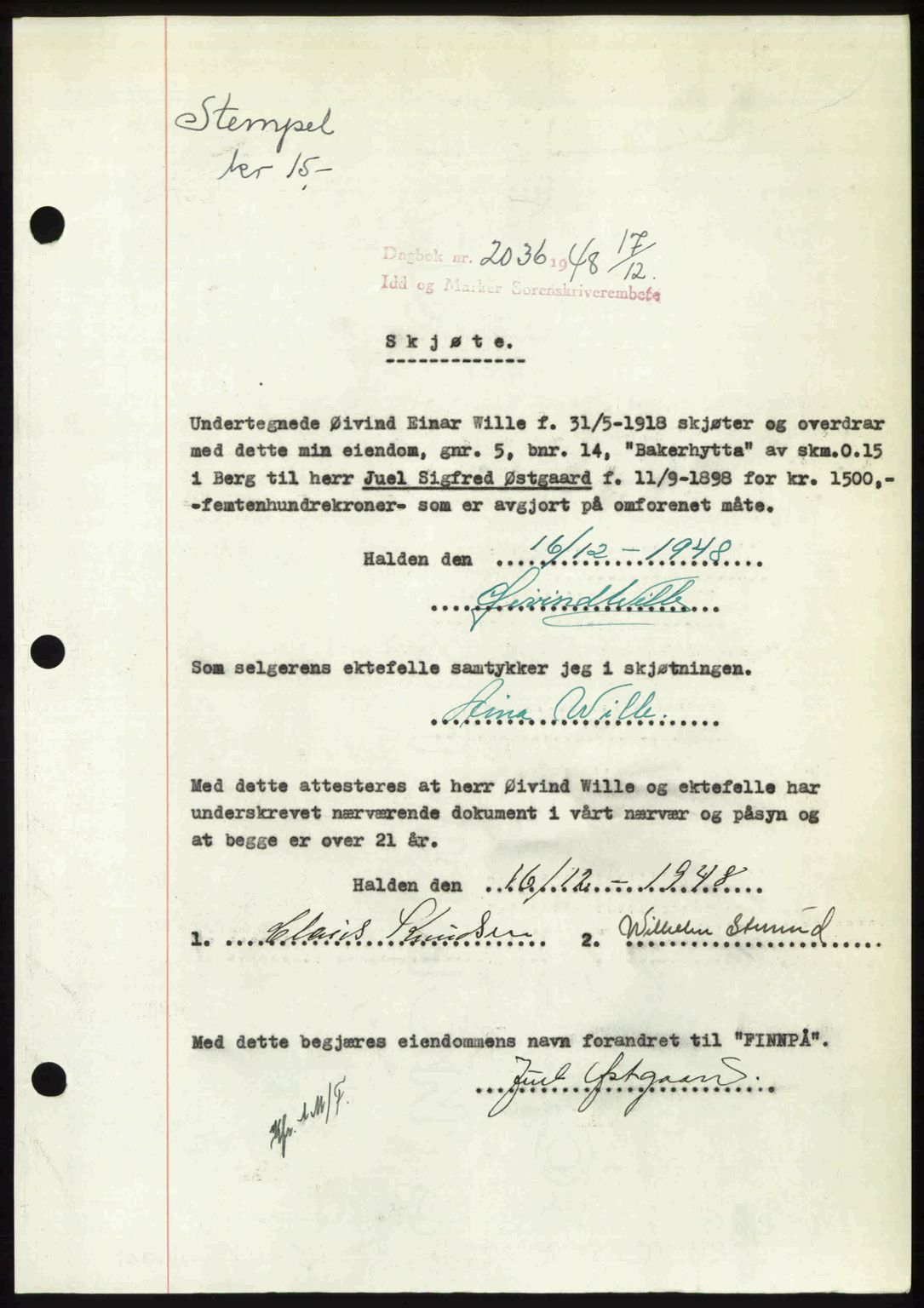 Idd og Marker sorenskriveri, SAO/A-10283/G/Gb/Gbb/L0011: Pantebok nr. A11, 1948-1949, Dagboknr: 2036/1948