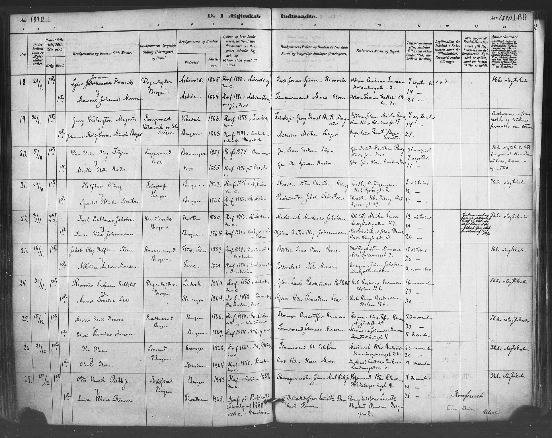 Mariakirken Sokneprestembete, AV/SAB-A-76901/H/Haa/L0007: Ministerialbok nr. A 7, 1878-1893, s. 169
