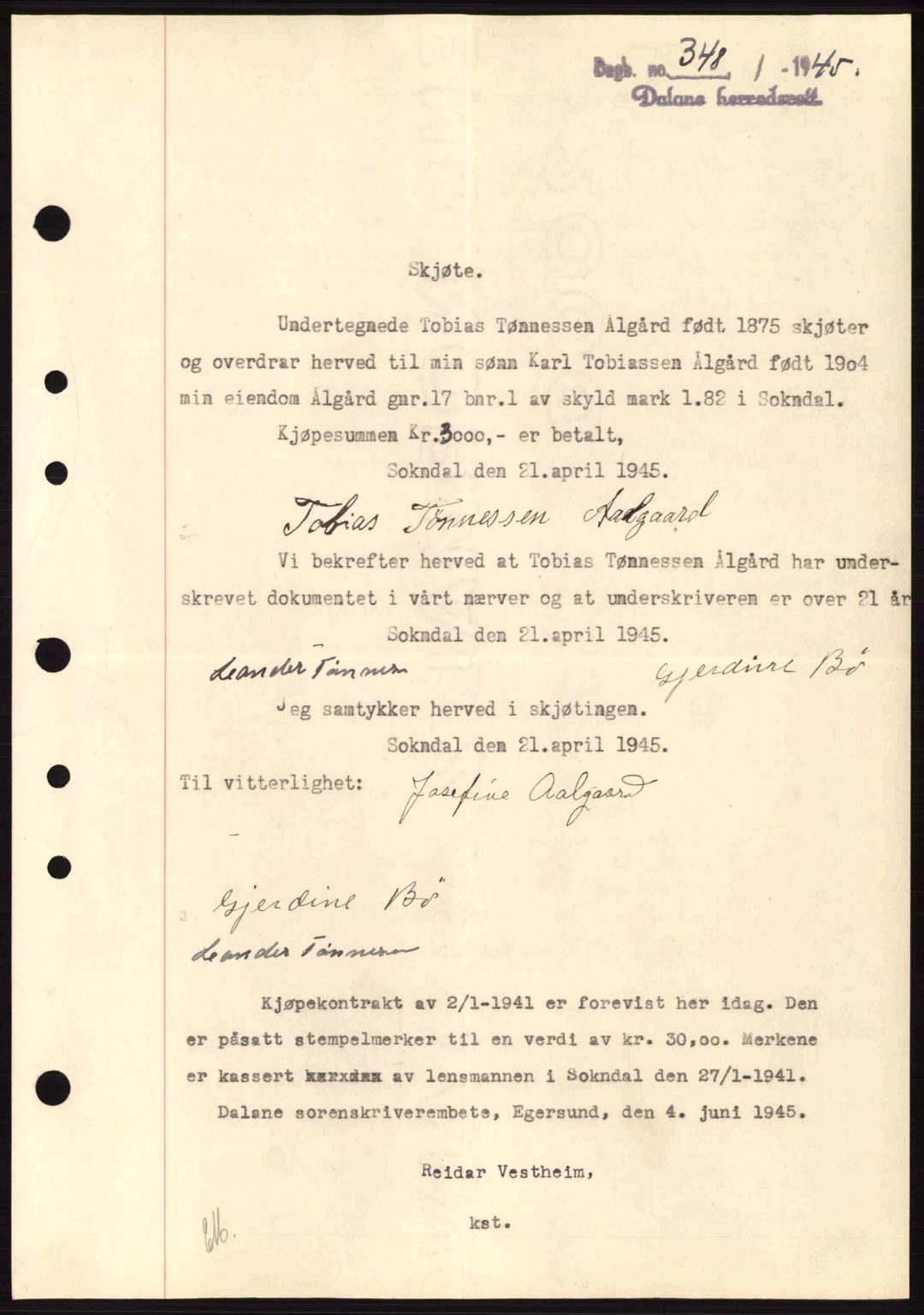 Dalane sorenskriveri, SAST/A-100309/02/G/Gb/L0047: Pantebok nr. A8 I, 1944-1945, Dagboknr: 348/1945
