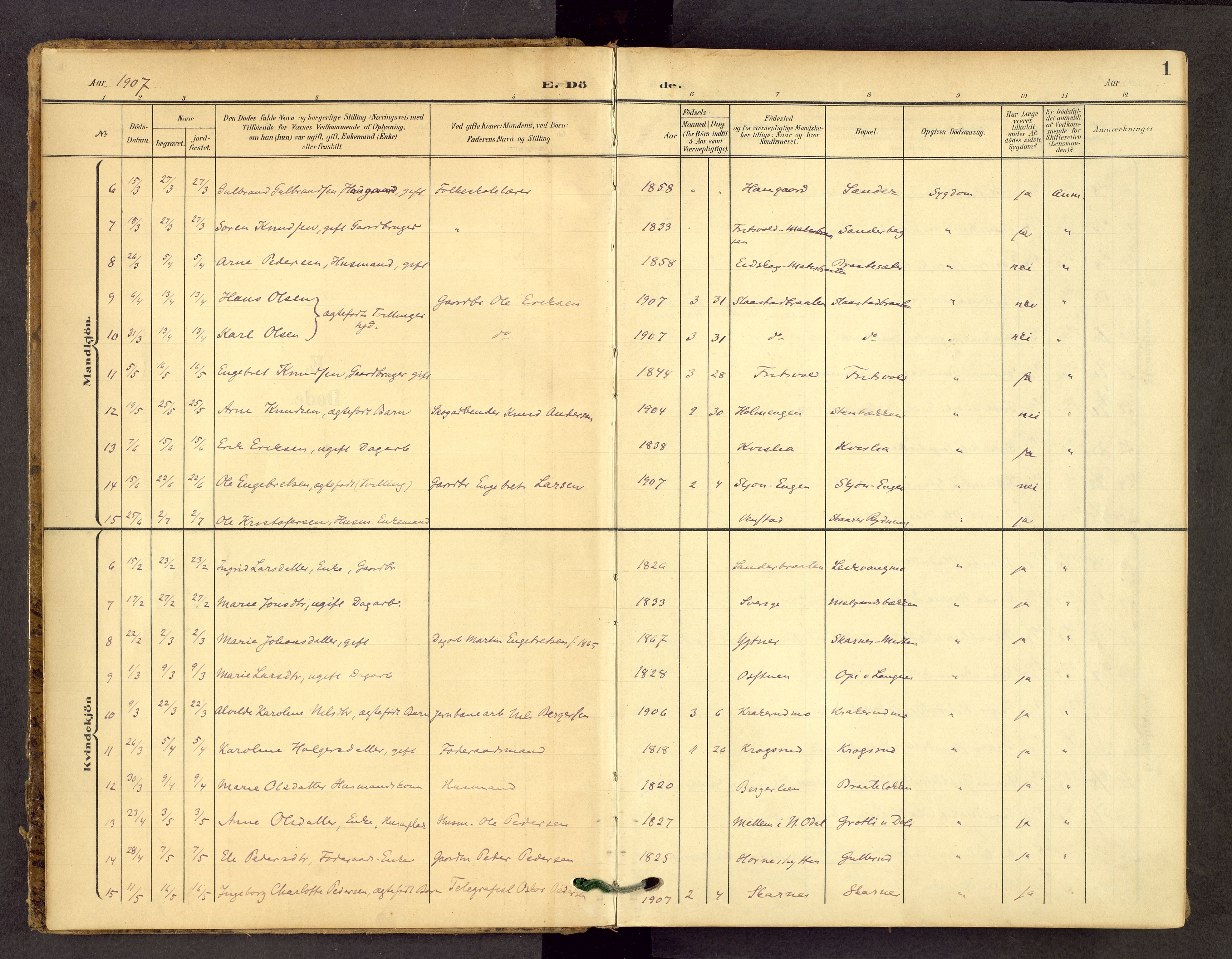 Sør-Odal prestekontor, AV/SAH-PREST-030/H/Ha/Haa/L0010: Ministerialbok nr. 10, 1907-1968, s. 1