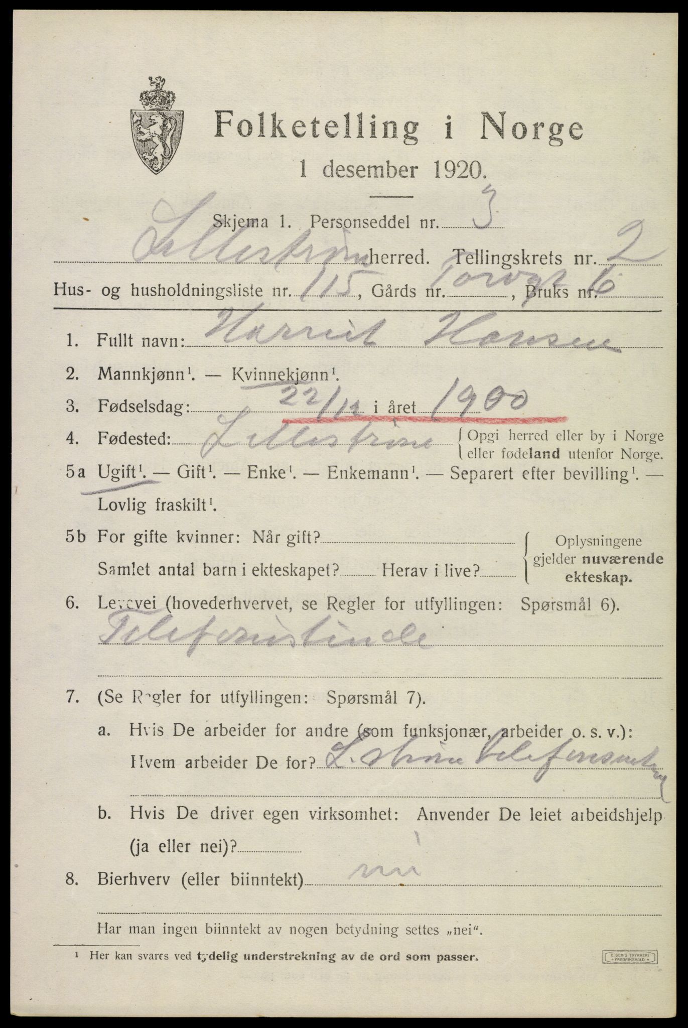 SAO, Folketelling 1920 for 0232 Lillestrøm herred, 1920, s. 6826