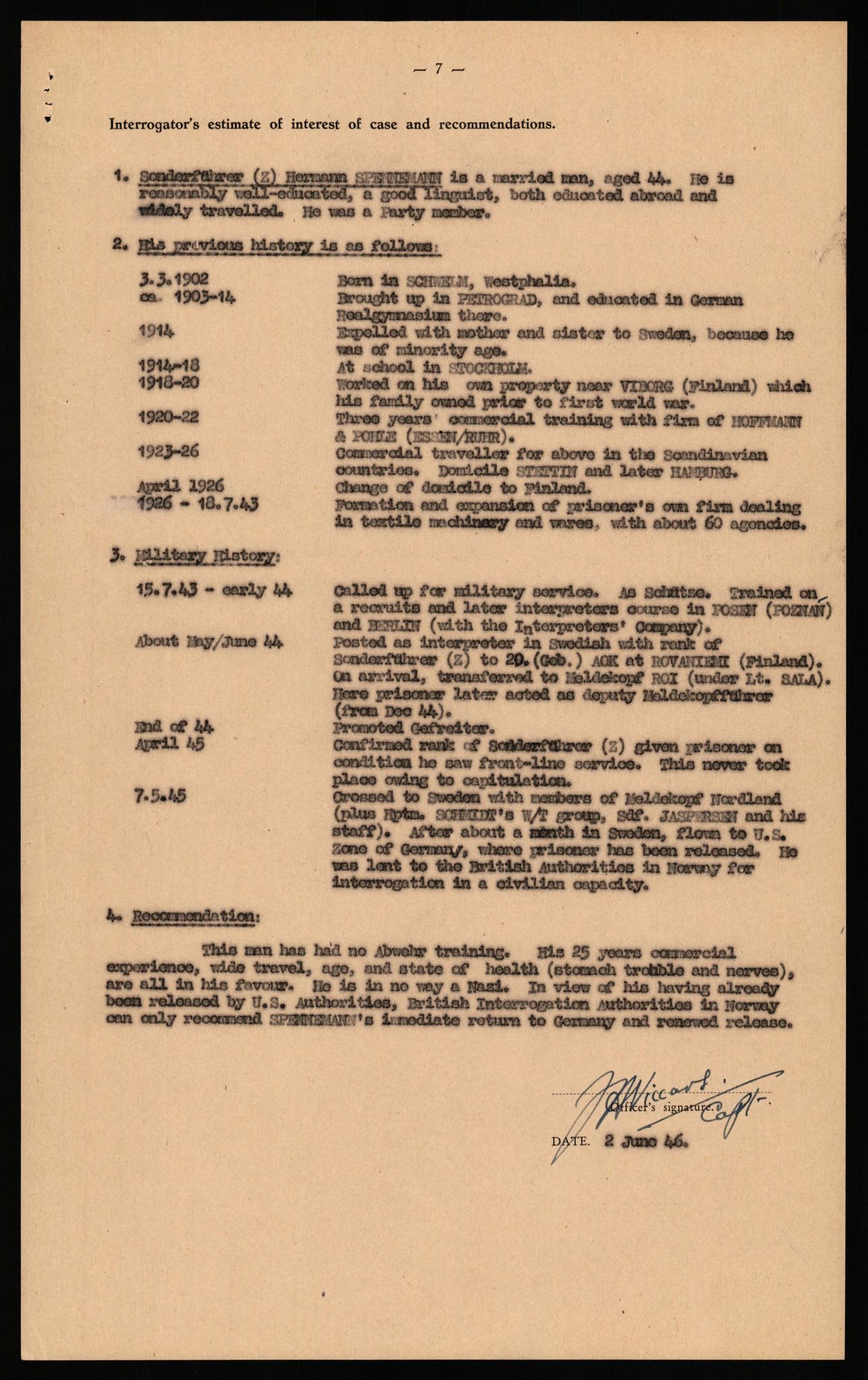 Forsvaret, Forsvarets overkommando II, RA/RAFA-3915/D/Db/L0032: CI Questionaires. Tyske okkupasjonsstyrker i Norge. Tyskere., 1945-1946, s. 211