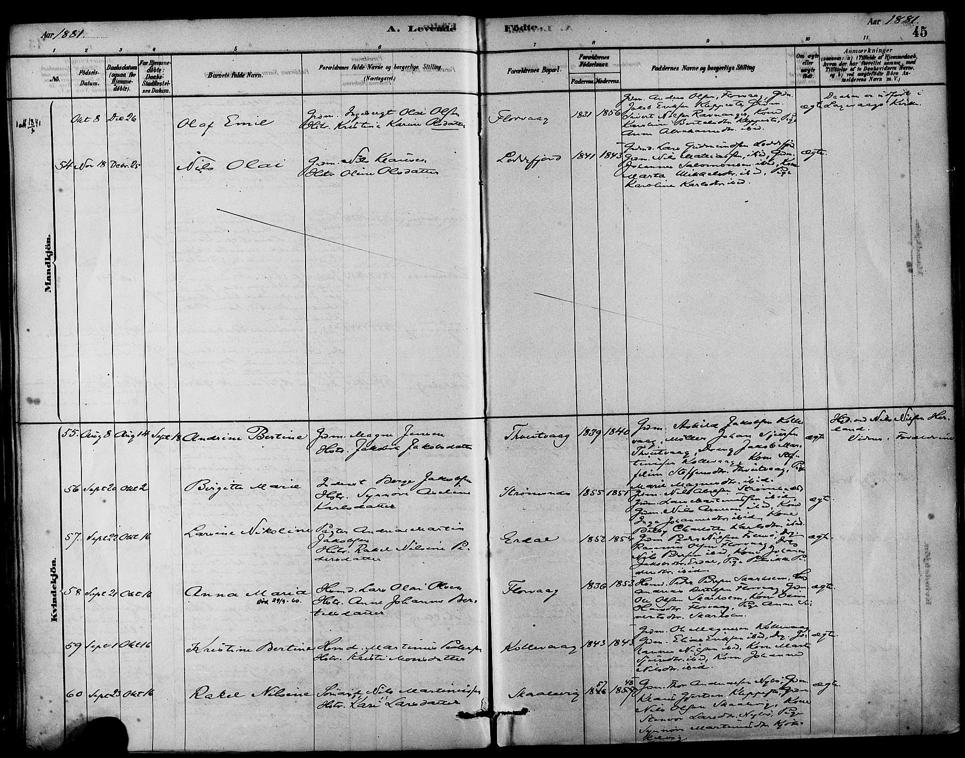 Askøy Sokneprestembete, AV/SAB-A-74101/H/Ha/Haa/Haab/L0001: Ministerialbok nr. B 1, 1878-1889, s. 45