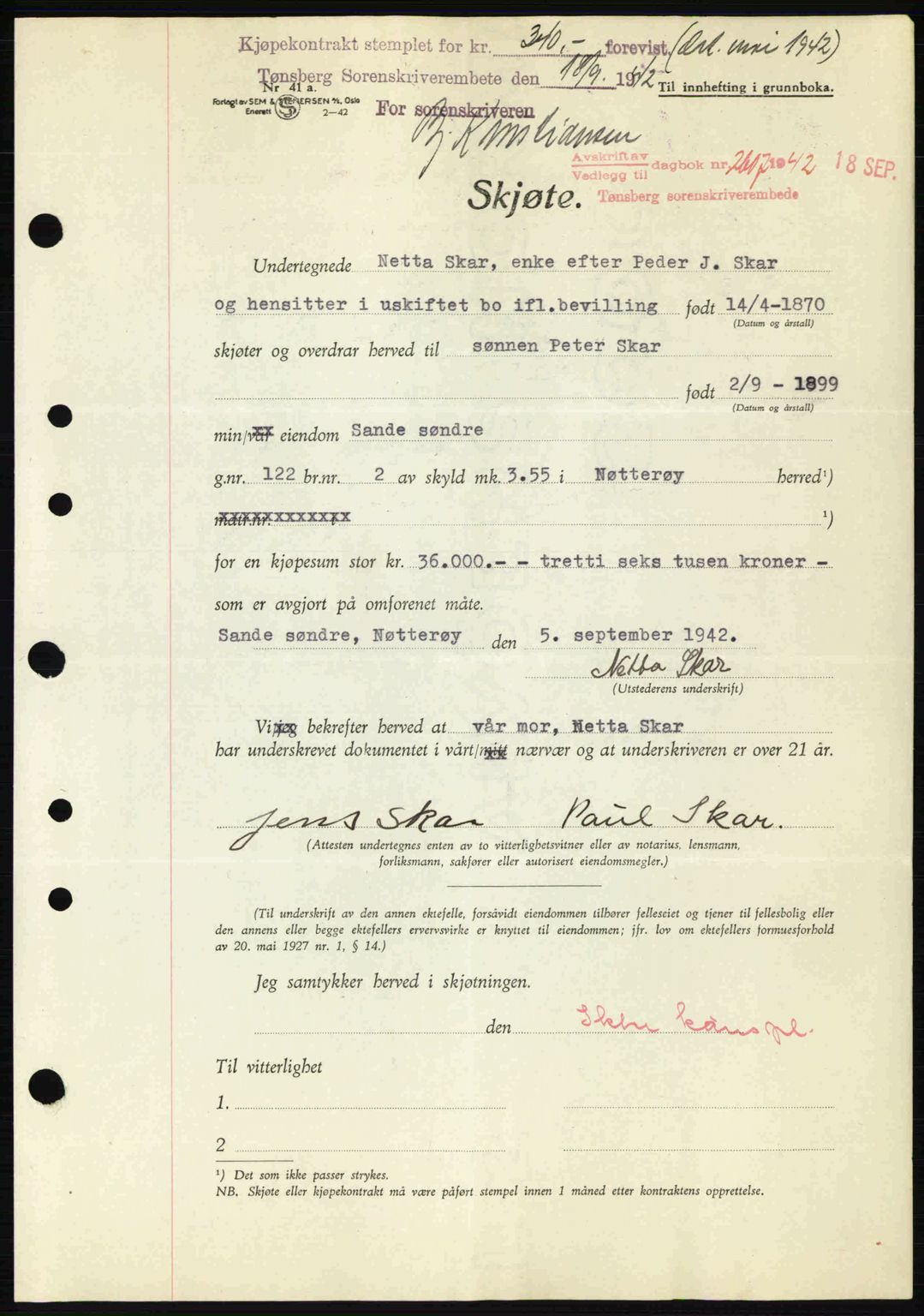 Tønsberg sorenskriveri, AV/SAKO-A-130/G/Ga/Gaa/L0012: Pantebok nr. A12, 1942-1943, Dagboknr: 2607/1942