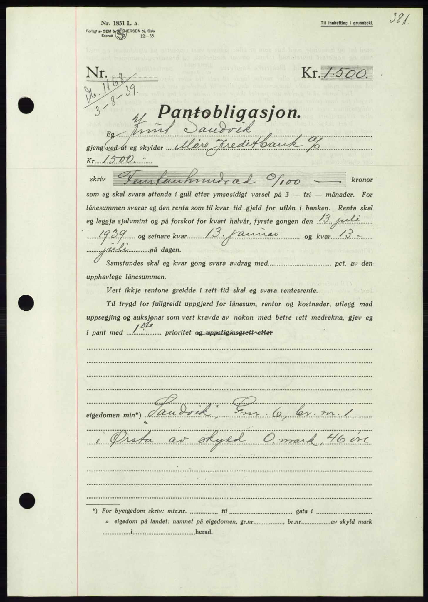 Søre Sunnmøre sorenskriveri, AV/SAT-A-4122/1/2/2C/L0068: Pantebok nr. 62, 1939-1939, Dagboknr: 1168/1939