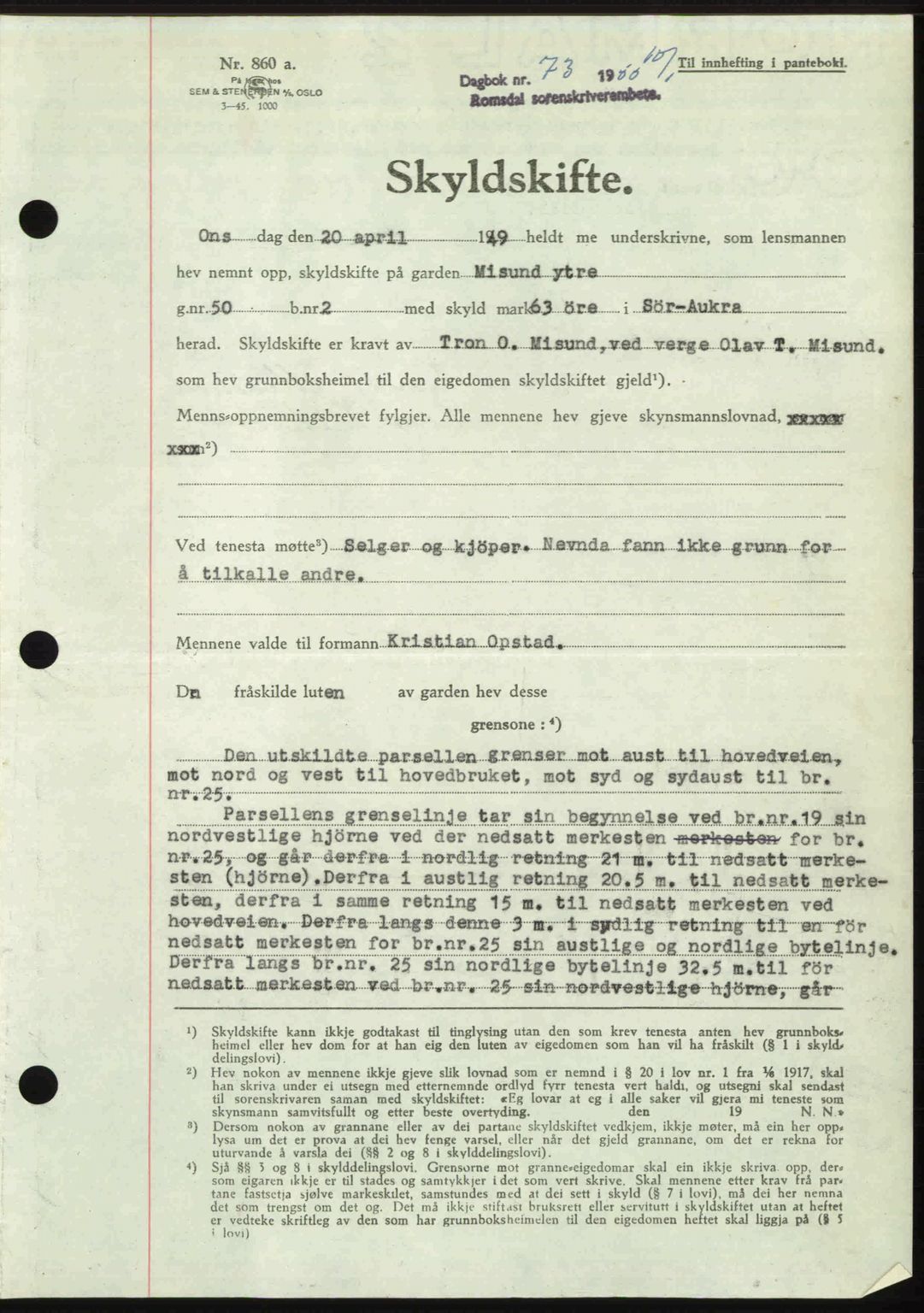 Romsdal sorenskriveri, SAT/A-4149/1/2/2C: Pantebok nr. A32, 1950-1950, Dagboknr: 73/1950