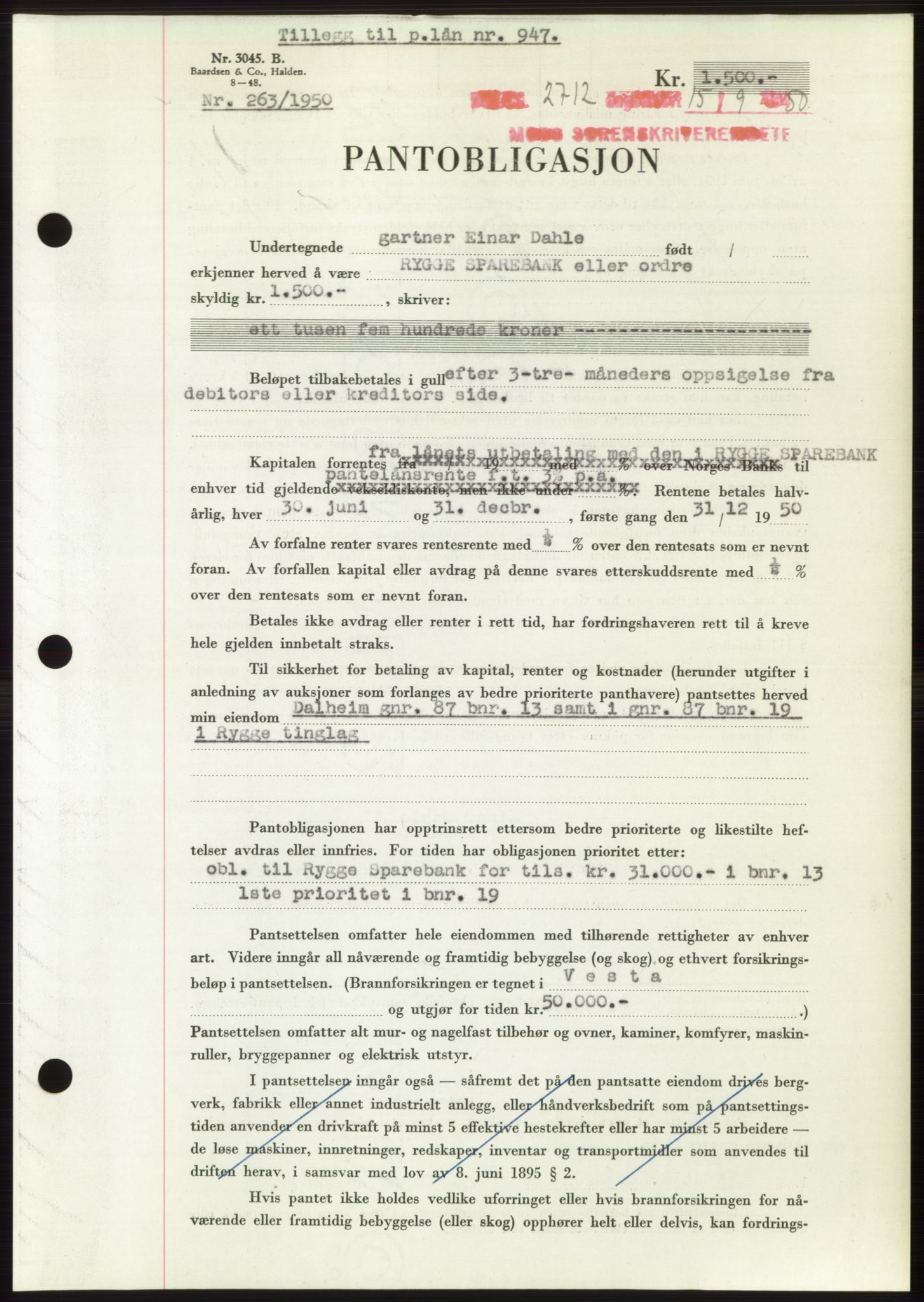 Moss sorenskriveri, SAO/A-10168: Pantebok nr. B25, 1950-1950, Dagboknr: 2712/1950