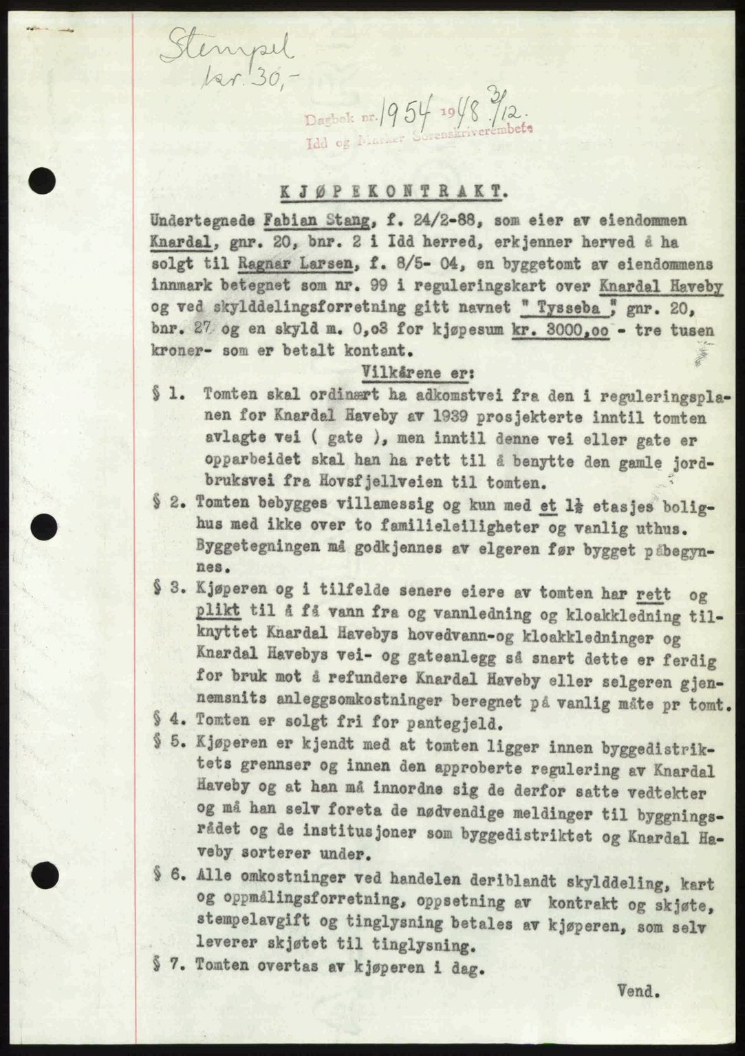 Idd og Marker sorenskriveri, SAO/A-10283/G/Gb/Gbb/L0011: Pantebok nr. A11, 1948-1949, Dagboknr: 1954/1948