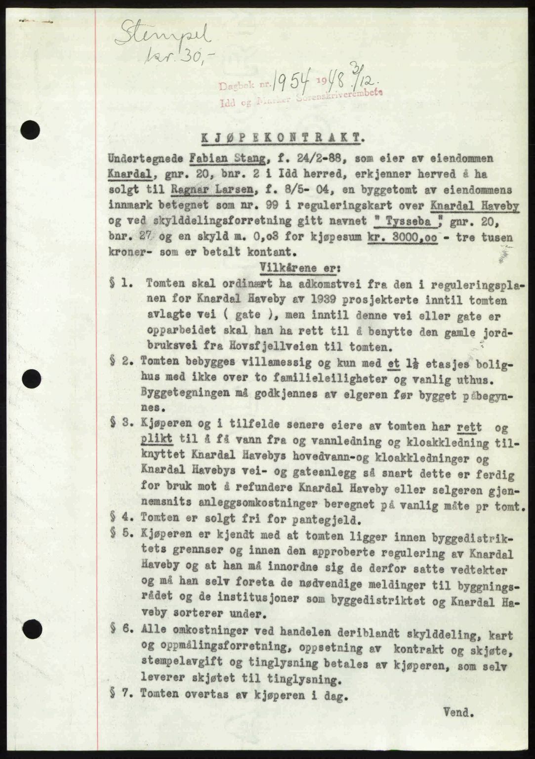 Idd og Marker sorenskriveri, AV/SAO-A-10283/G/Gb/Gbb/L0011: Pantebok nr. A11, 1948-1949, Dagboknr: 1954/1948