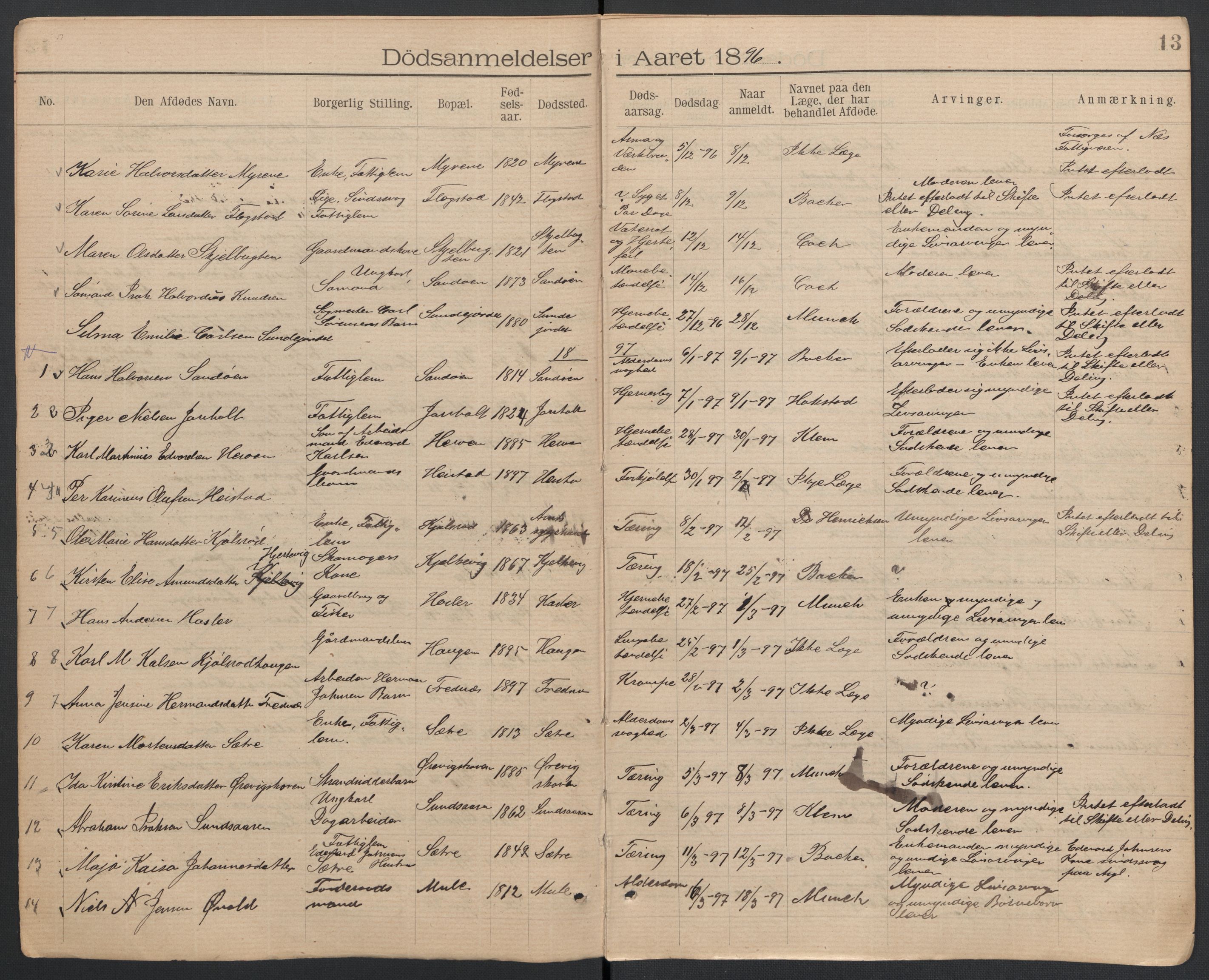 Eidanger lensmannskontor, AV/SAKO-A-102/H/Ha/L0001: Dødsanmeldelsesprotokoll, 1893-1933, s. 13
