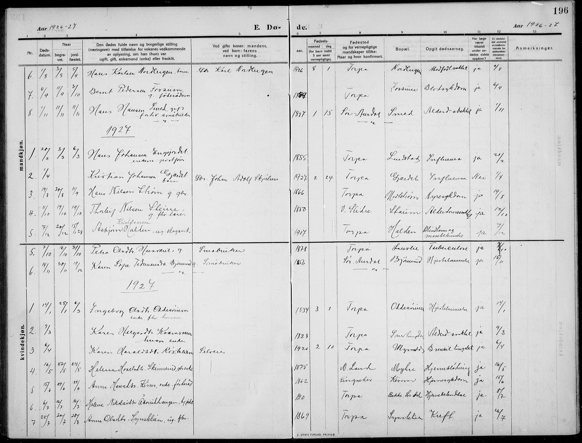 Nordre Land prestekontor, SAH/PREST-124/H/Ha/Hab/L0002: Klokkerbok nr. 2, 1909-1934, s. 196