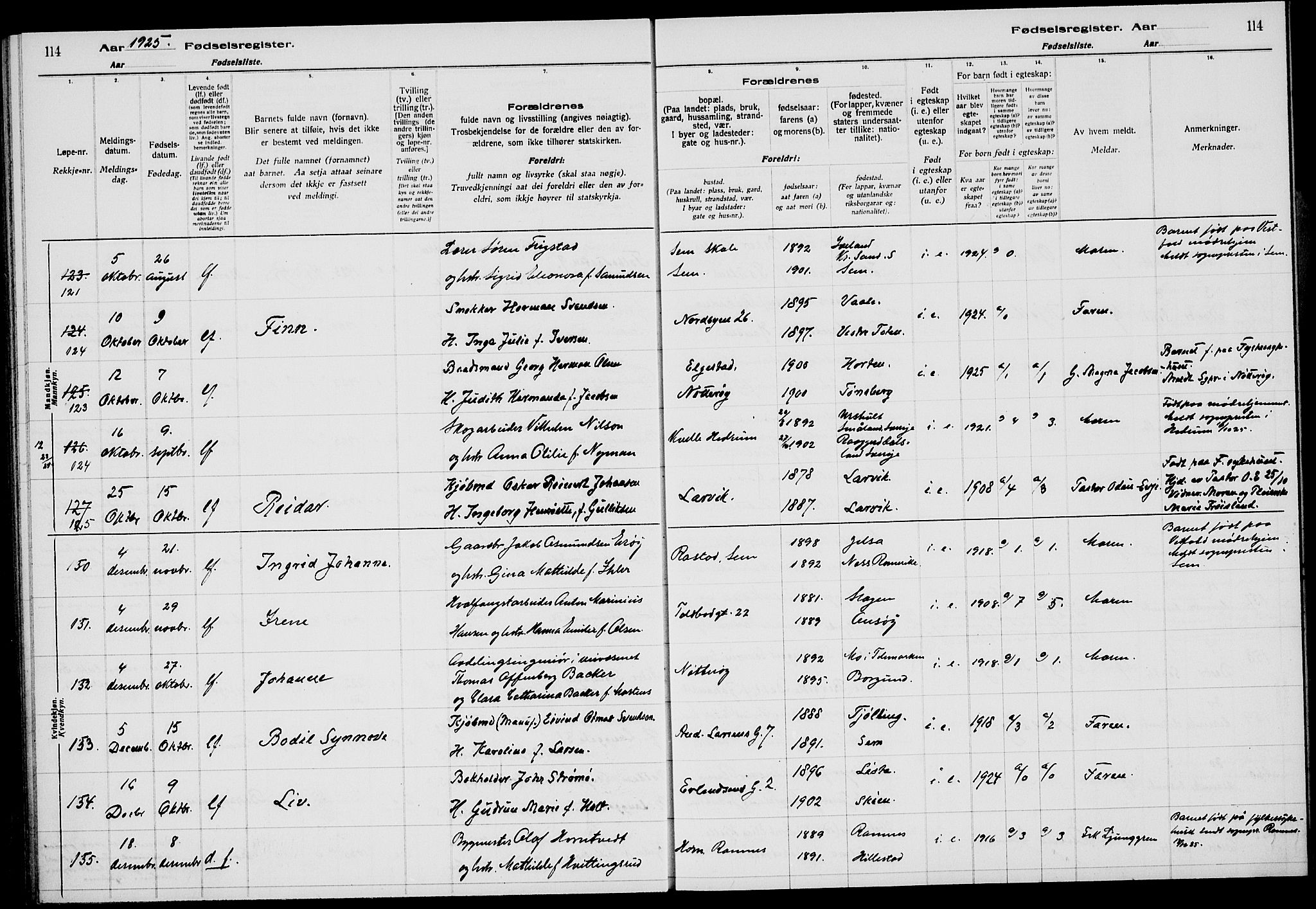 Tønsberg kirkebøker, AV/SAKO-A-330/J/Ja/L0002: Fødselsregister nr. 2, 1922-1928, s. 114