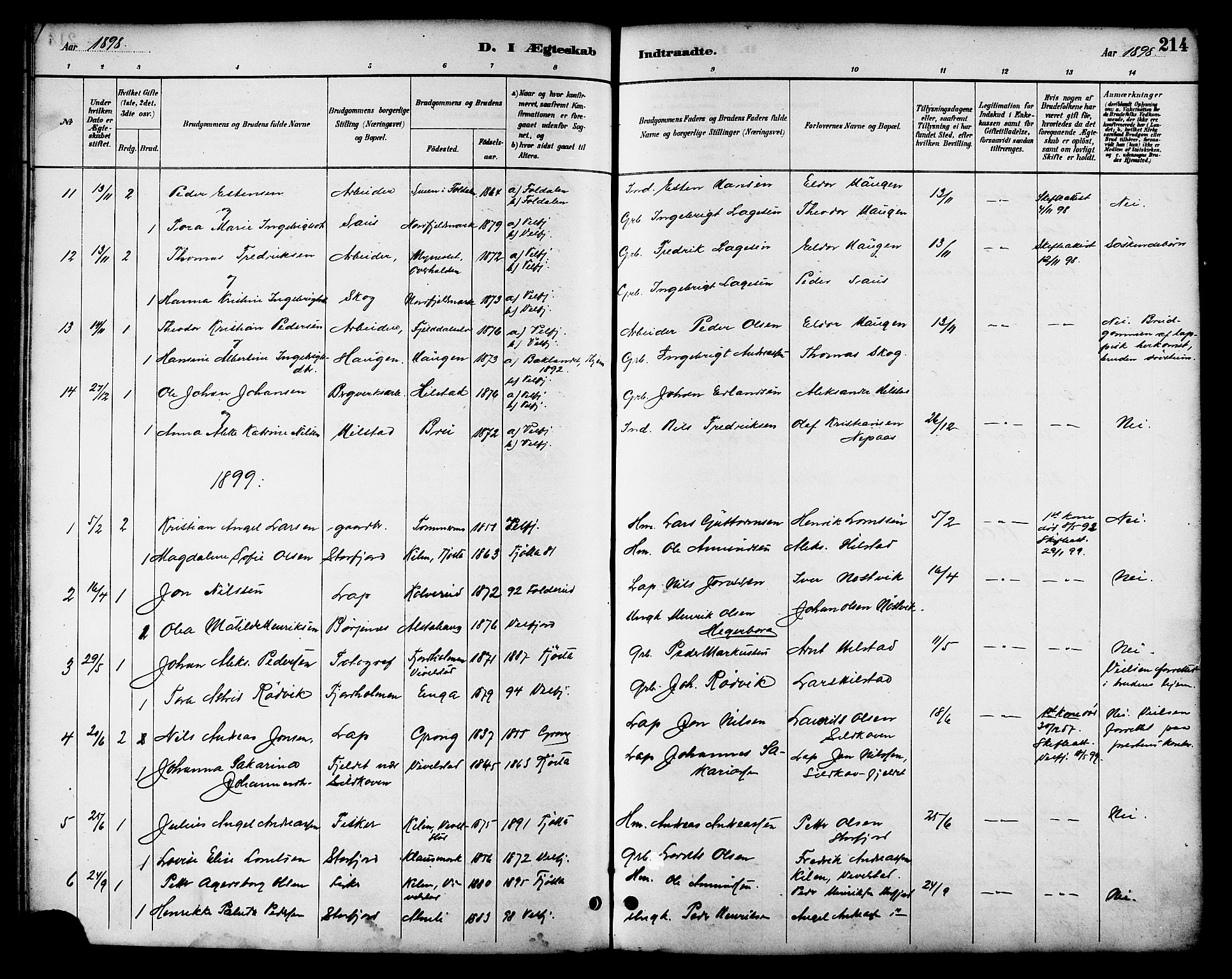 Ministerialprotokoller, klokkerbøker og fødselsregistre - Nordland, SAT/A-1459/814/L0230: Klokkerbok nr. 814C03, 1884-1911, s. 214