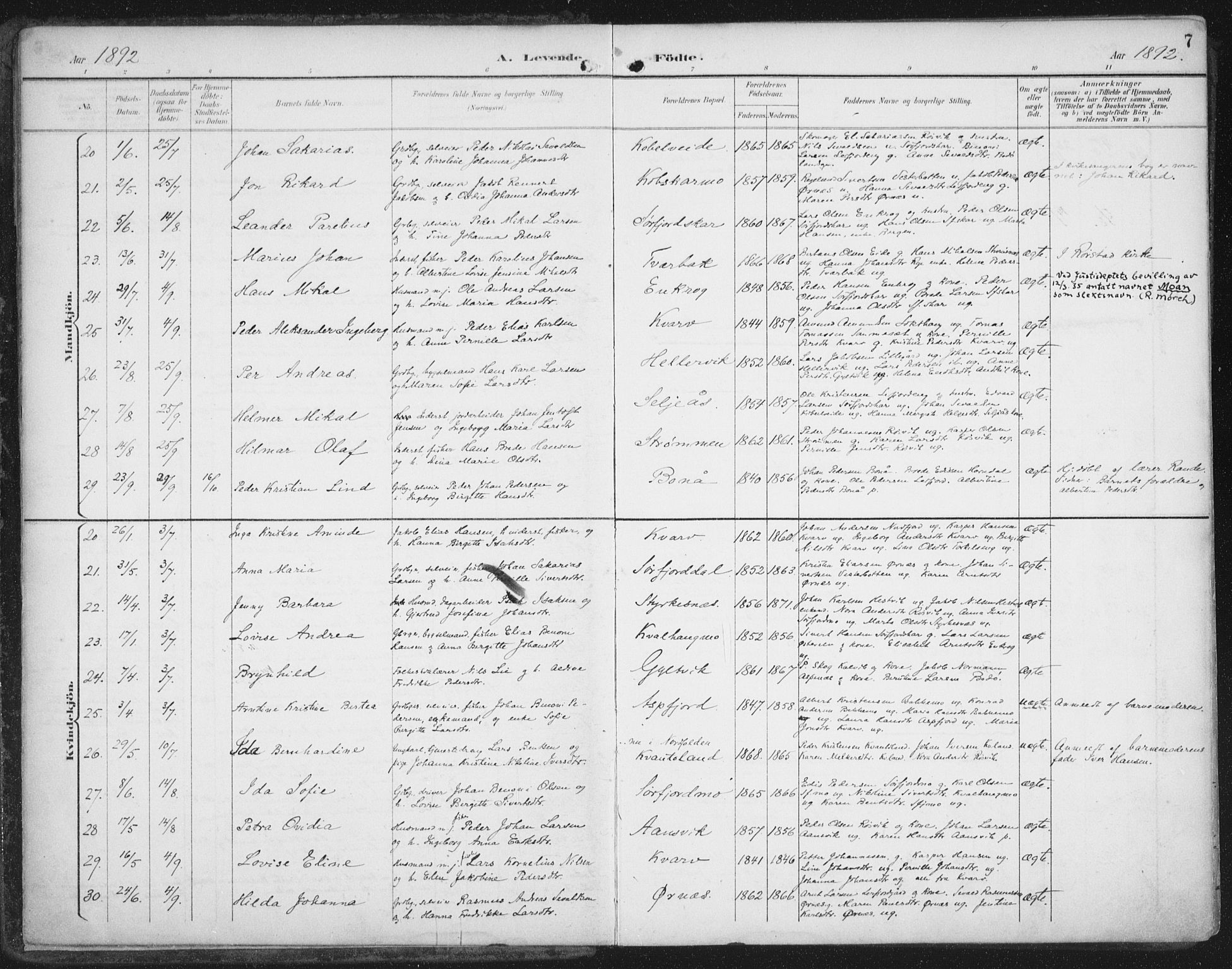 Ministerialprotokoller, klokkerbøker og fødselsregistre - Nordland, AV/SAT-A-1459/854/L0779: Ministerialbok nr. 854A02, 1892-1909, s. 7