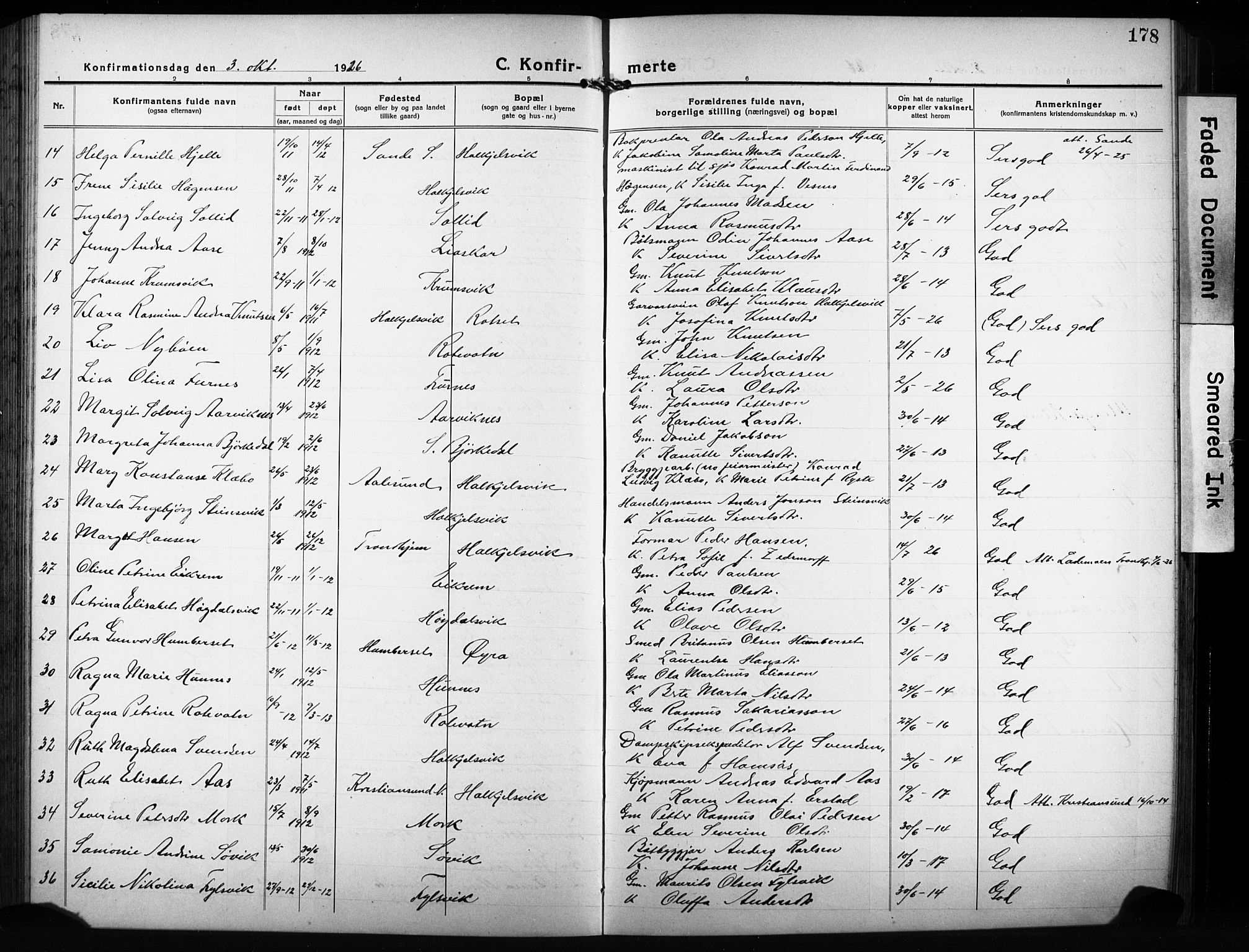 Ministerialprotokoller, klokkerbøker og fødselsregistre - Møre og Romsdal, AV/SAT-A-1454/511/L0160: Klokkerbok nr. 511C06, 1920-1932, s. 178