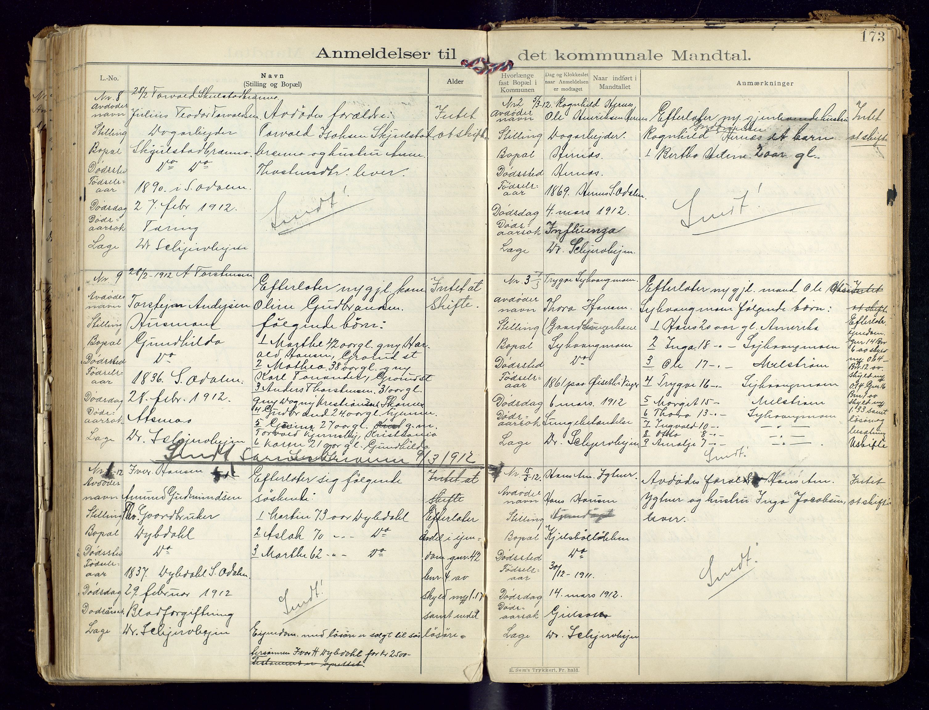 Sør-Odal lensmannskontor, AV/SAH-LHS-022/H/Hb/L0001/0002: Protokoller over anmeldte dødsfall / Protokoll over anmeldte dødsfall, 1901-1913, s. 173