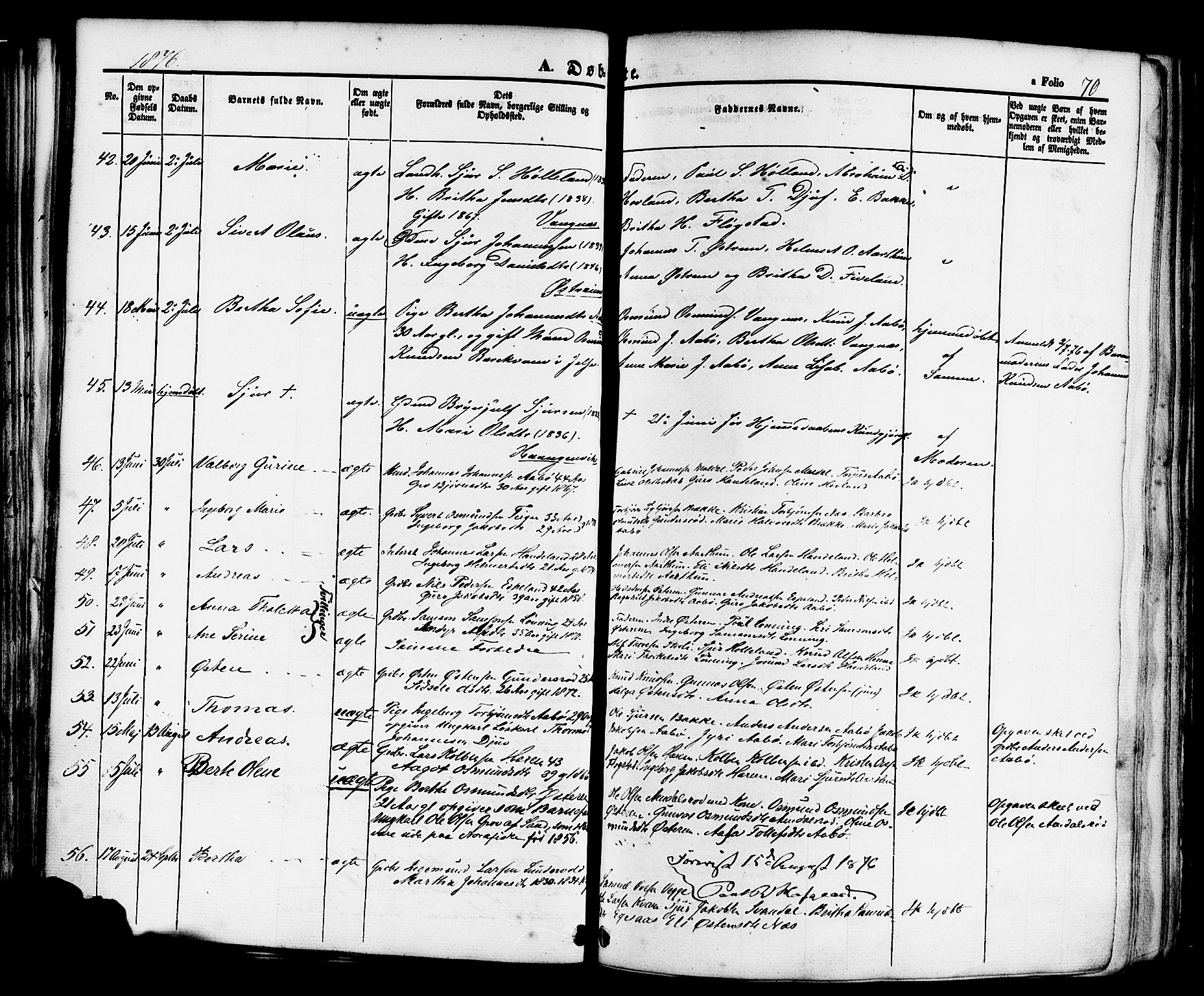 Sand sokneprestkontor, AV/SAST-A-101848/01/III/L0004: Ministerialbok nr. A 4, 1859-1880, s. 70