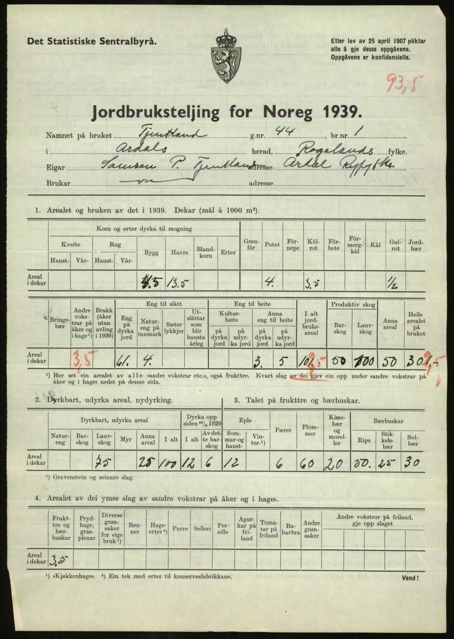 Statistisk sentralbyrå, Næringsøkonomiske emner, Jordbruk, skogbruk, jakt, fiske og fangst, AV/RA-S-2234/G/Gb/L0184: Rogaland: Årdal, Fister og Hjelmeland, 1939, s. 769