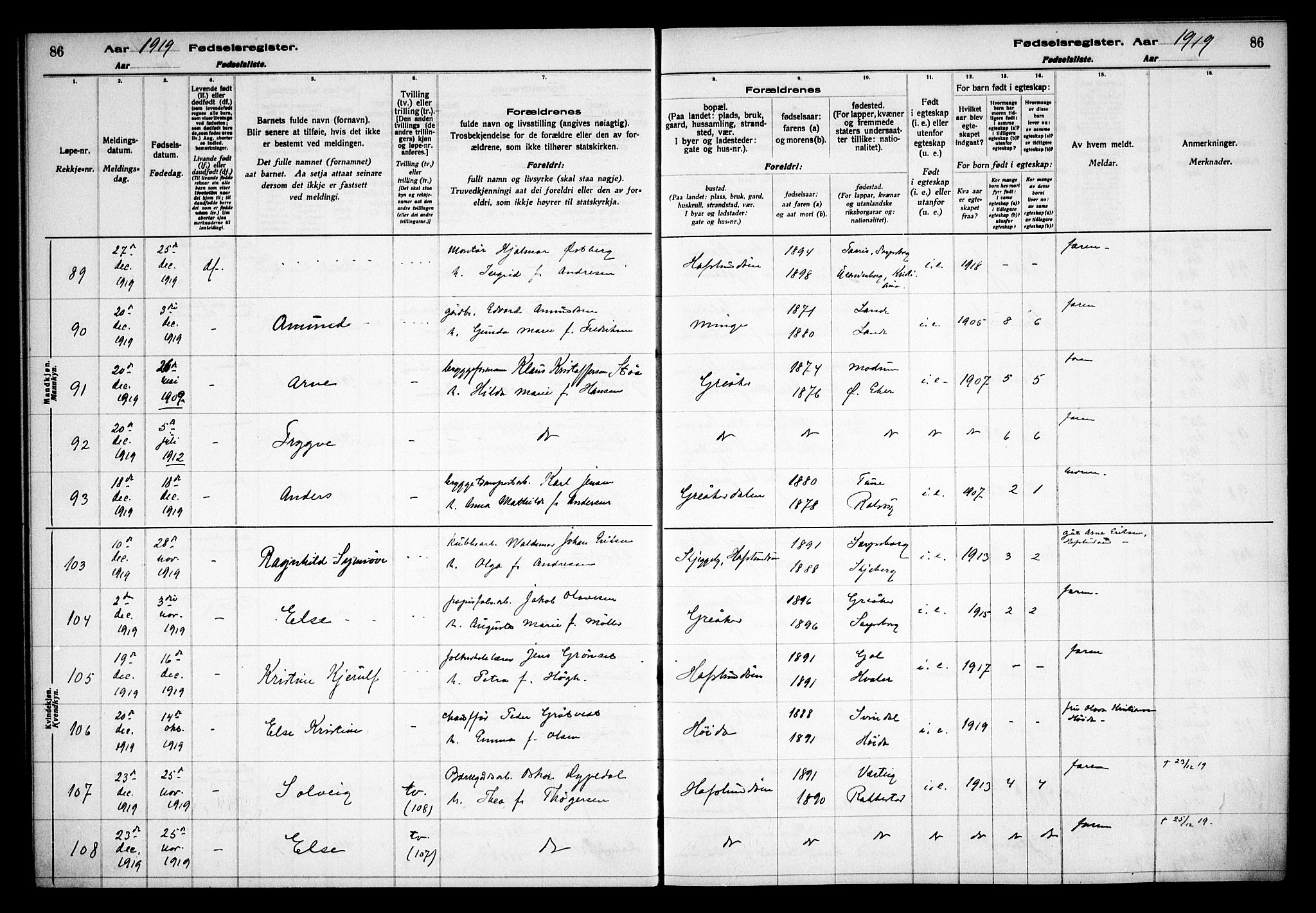 Tune prestekontor Kirkebøker, AV/SAO-A-2007/J/Ja/L0001: Fødselsregister nr. I 1, 1916-1928, s. 86