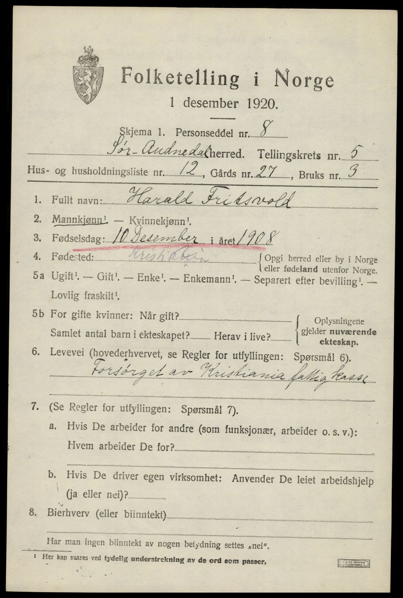 SAK, Folketelling 1920 for 1029 Sør-Audnedal herred, 1920, s. 2629