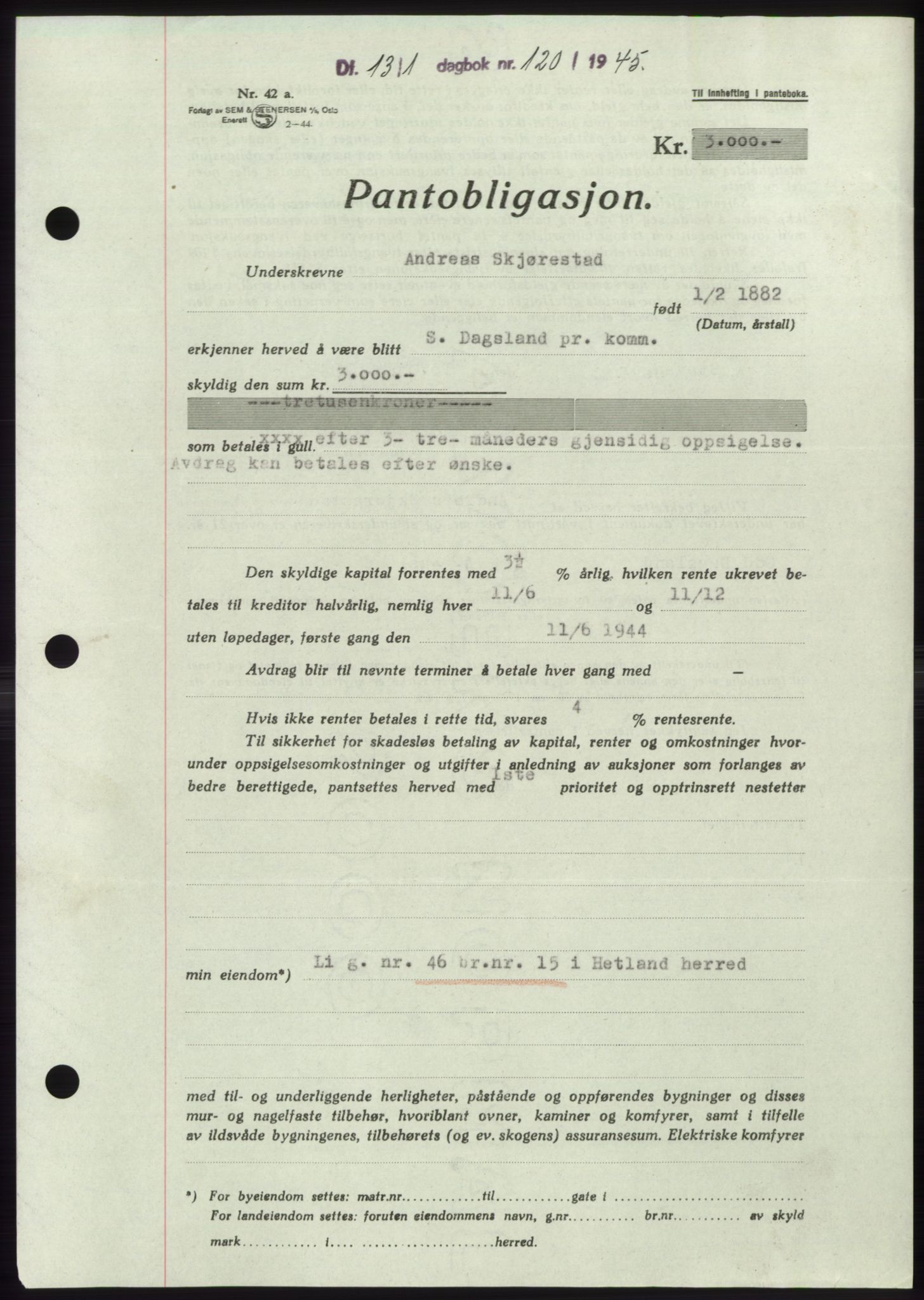 Jæren sorenskriveri, AV/SAST-A-100310/03/G/Gba/L0087: Pantebok, 1944-1945, Dagboknr: 120/1945