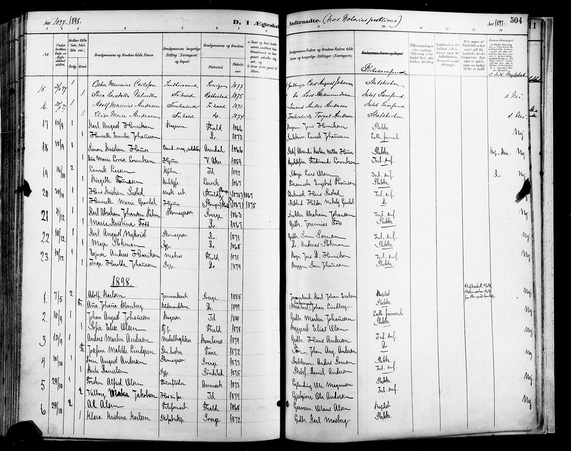 Halden prestekontor Kirkebøker, SAO/A-10909/F/Fa/L0013: Ministerialbok nr. I 13, 1890-1906, s. 504