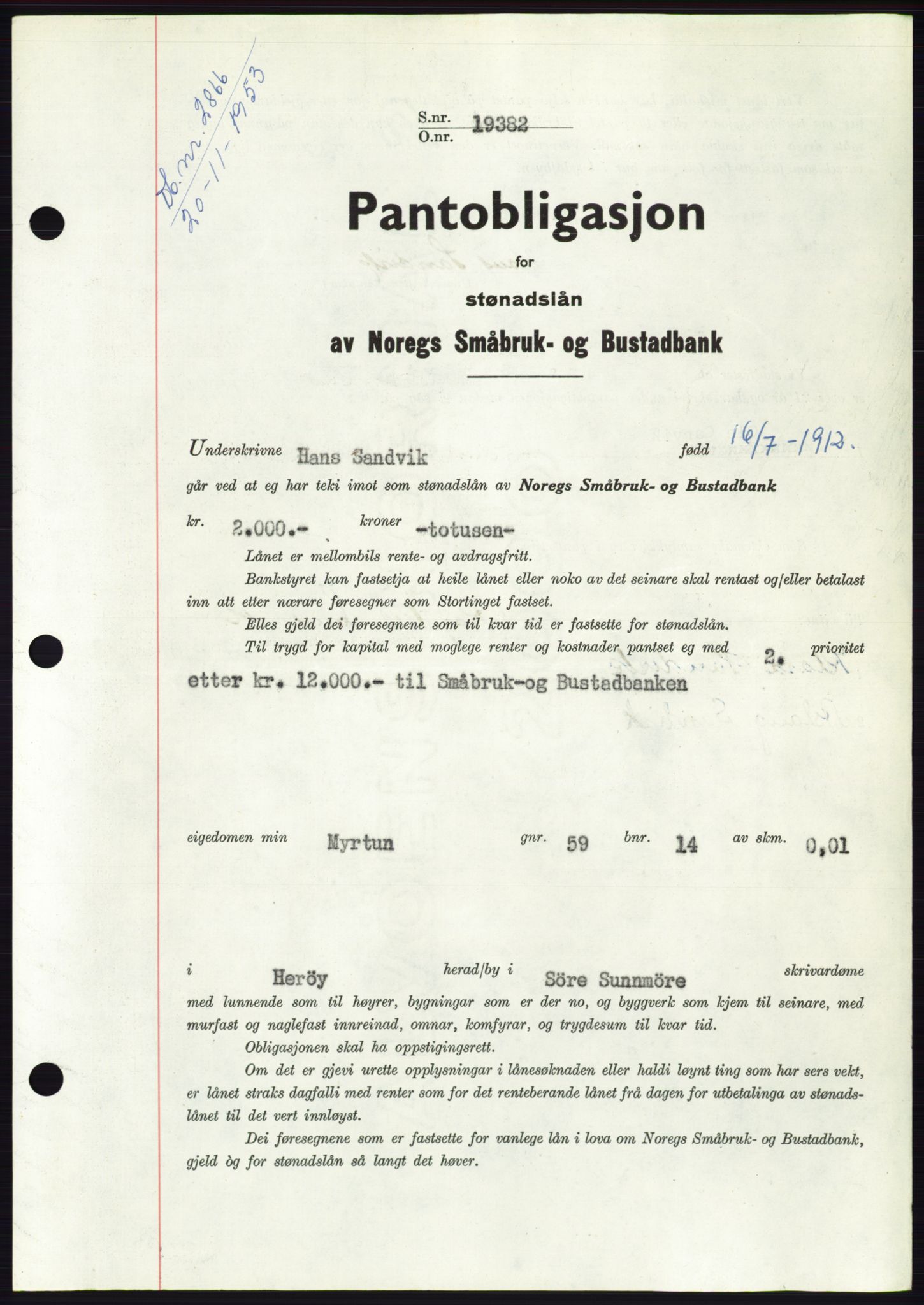 Søre Sunnmøre sorenskriveri, AV/SAT-A-4122/1/2/2C/L0124: Pantebok nr. 12B, 1953-1954, Dagboknr: 2866/1953