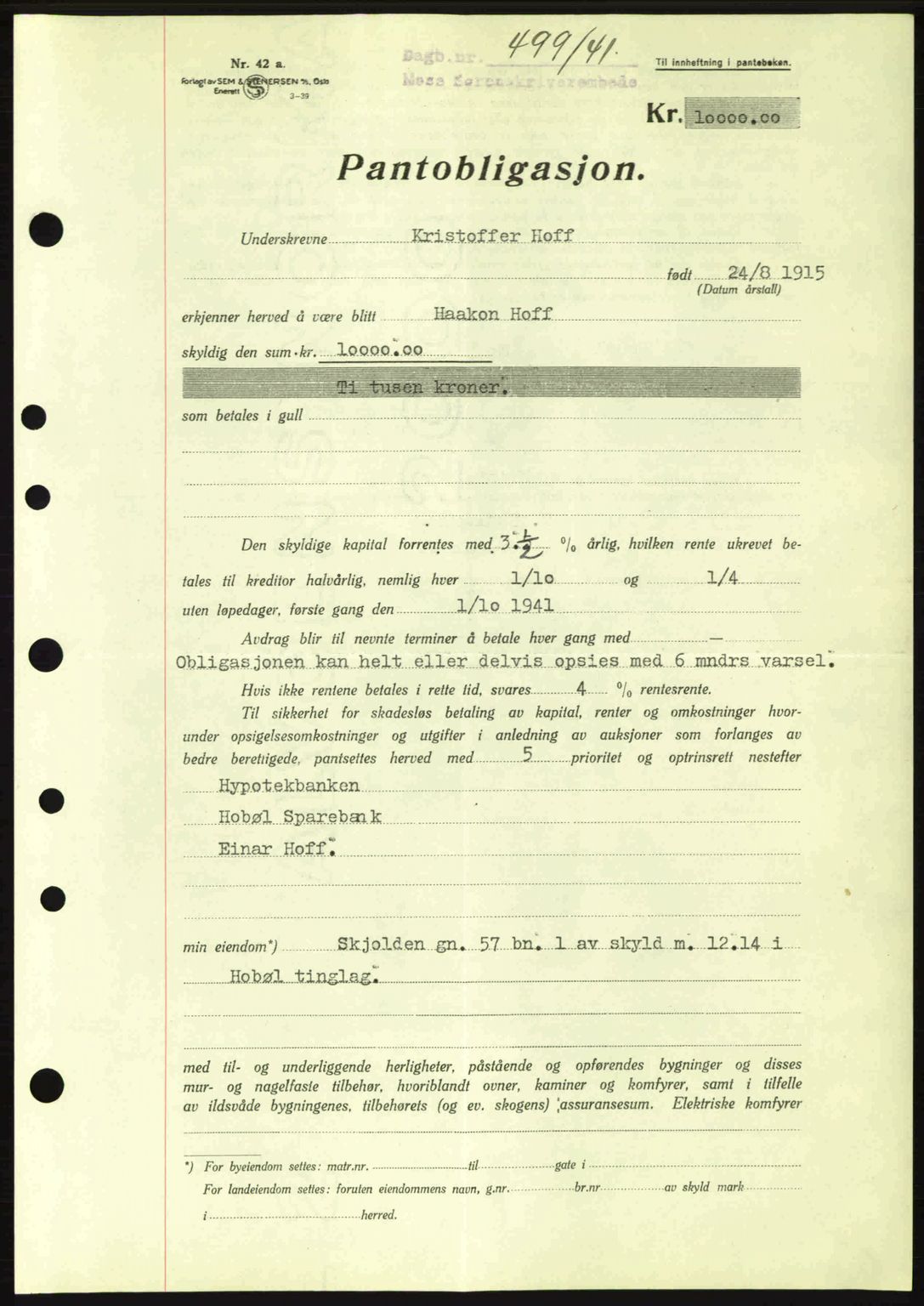 Moss sorenskriveri, SAO/A-10168: Pantebok nr. B10, 1940-1941, Dagboknr: 499/1941