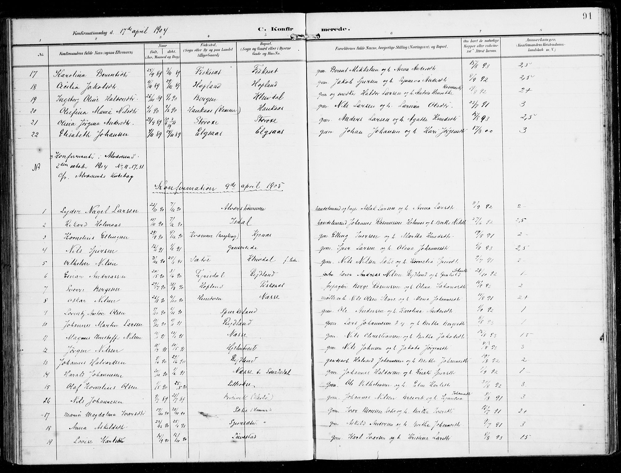 Alversund Sokneprestembete, AV/SAB-A-73901/H/Ha/Haa/Haad/L0004: Ministerialbok nr. D 4, 1898-1926, s. 91