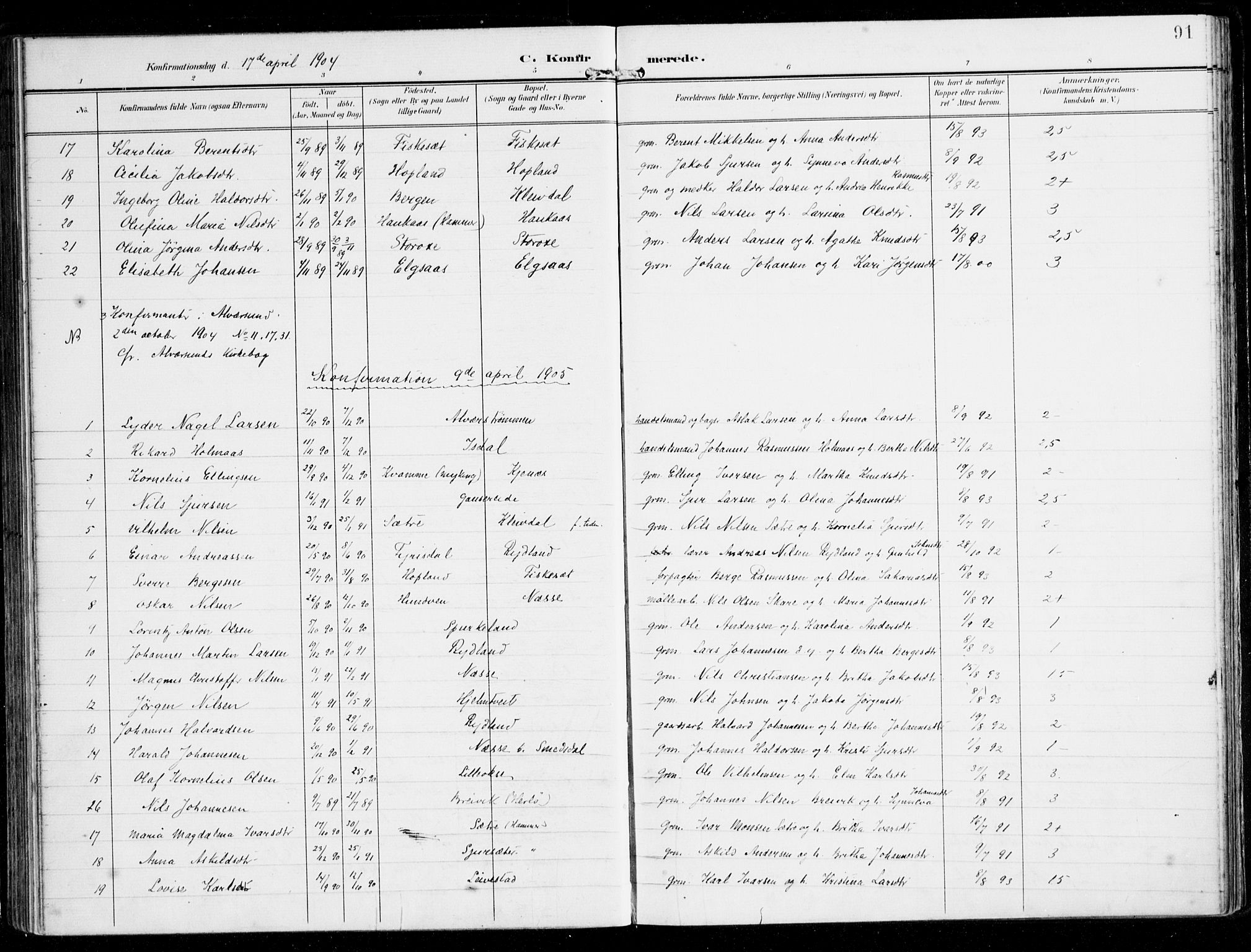 Alversund Sokneprestembete, SAB/A-73901/H/Ha/Haa/Haad/L0004: Ministerialbok nr. D 4, 1898-1926, s. 91