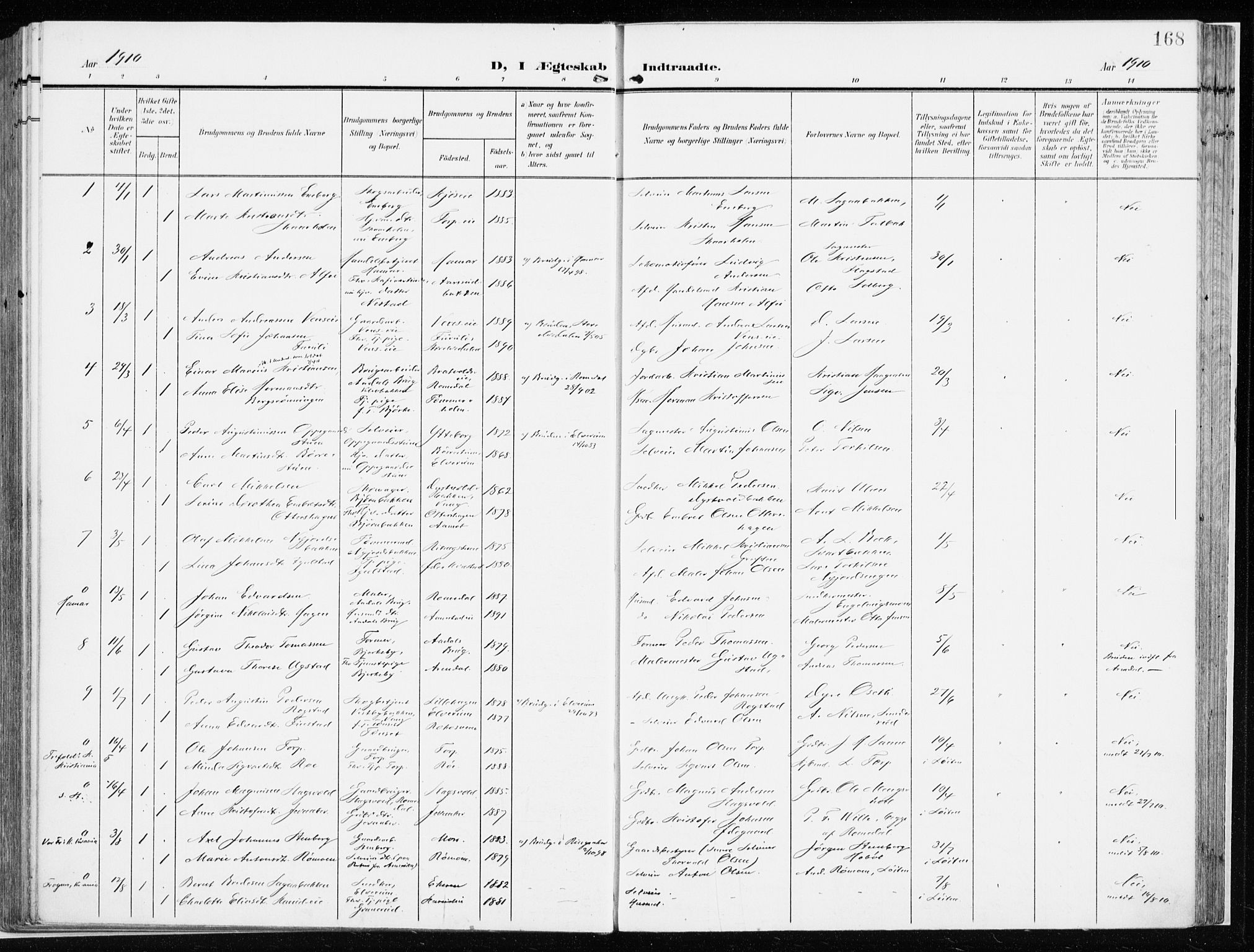 Løten prestekontor, AV/SAH-PREST-022/K/Ka/L0011: Ministerialbok nr. 11, 1908-1917, s. 168