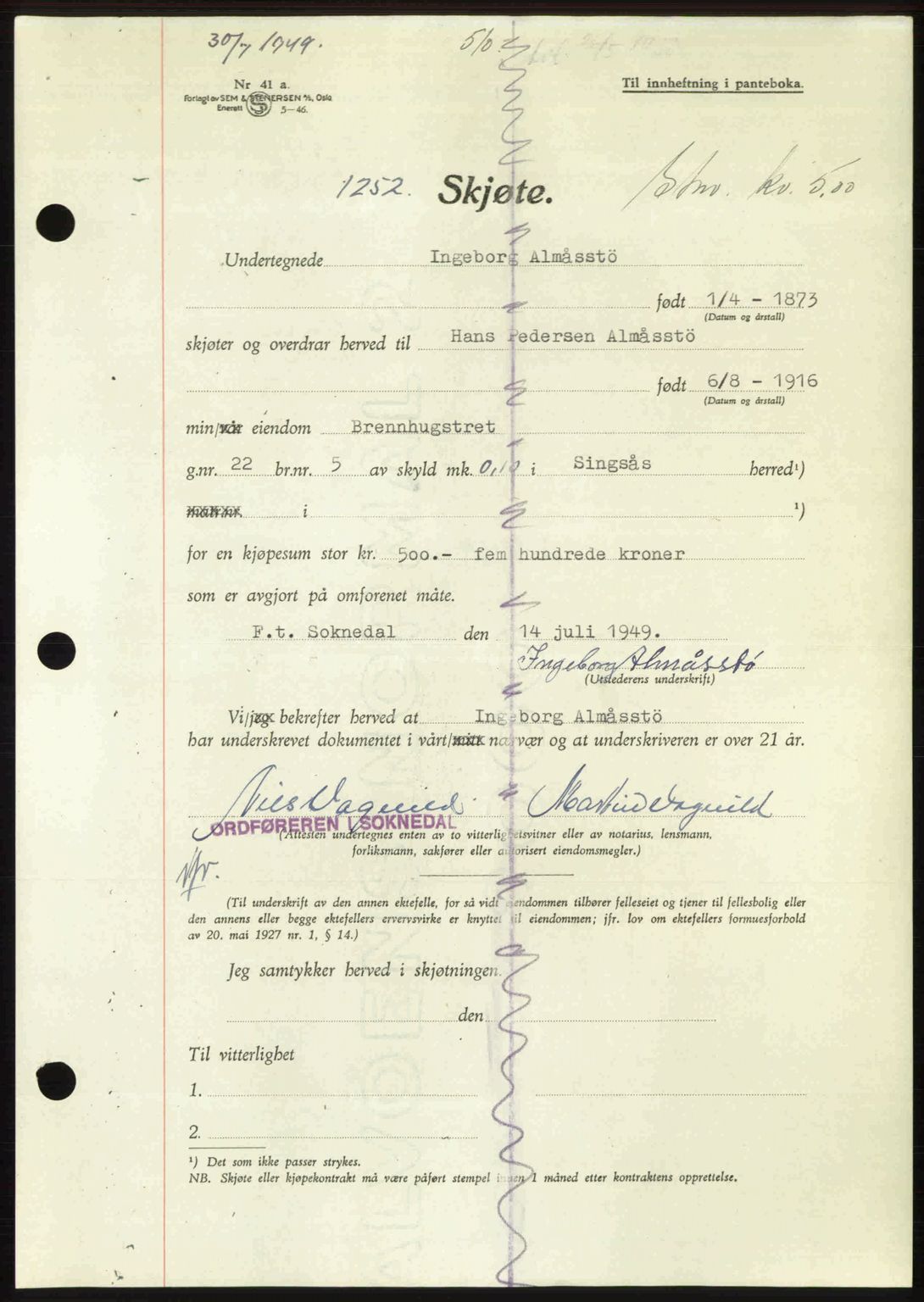 Gauldal sorenskriveri, SAT/A-0014/1/2/2C: Pantebok nr. A8, 1949-1949, Dagboknr: 1252/1949