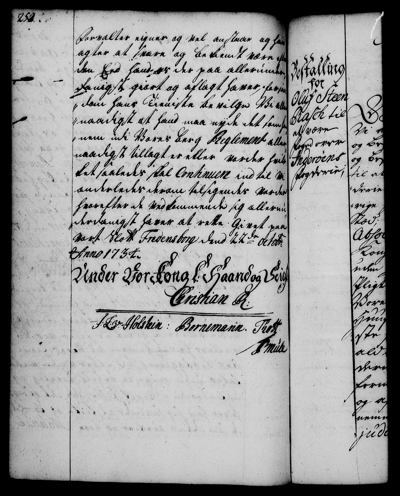 Rentekammeret, Kammerkanselliet, RA/EA-3111/G/Gg/Gge/L0002: Norsk bestallingsprotokoll med register (merket RK 53.26), 1730-1744, s. 257