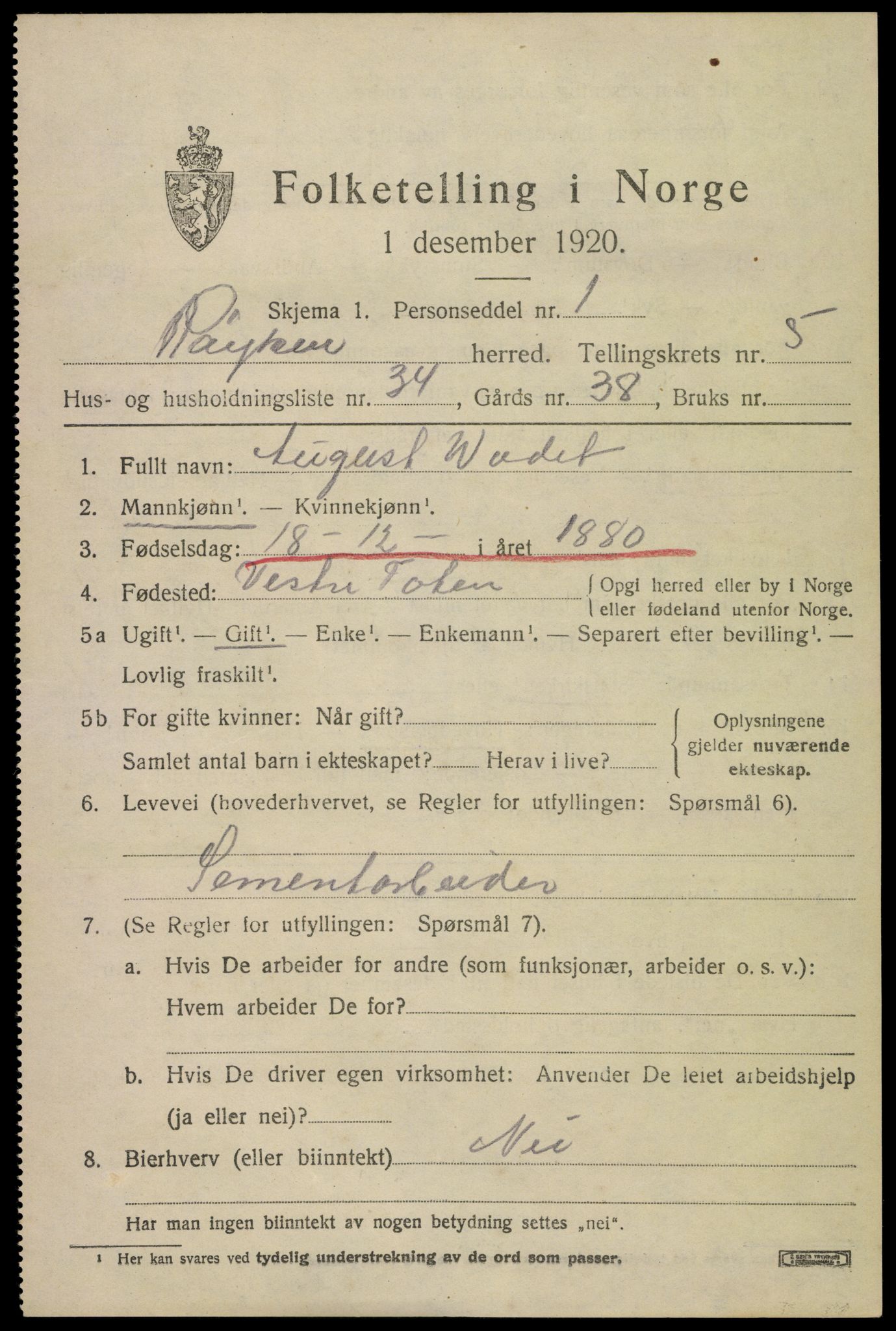 SAKO, Folketelling 1920 for 0627 Røyken herred, 1920, s. 7522