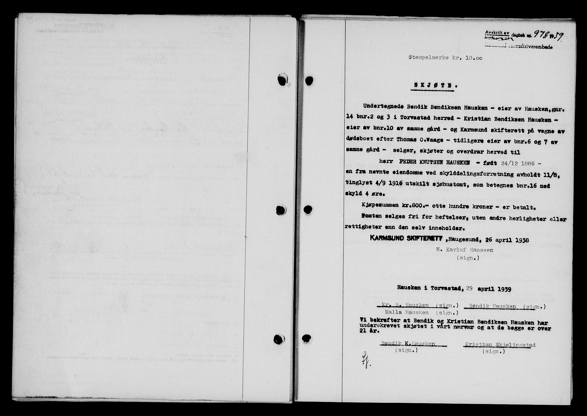 Karmsund sorenskriveri, SAST/A-100311/01/II/IIB/L0071: Pantebok nr. 52A, 1939-1939, Dagboknr: 978/1939