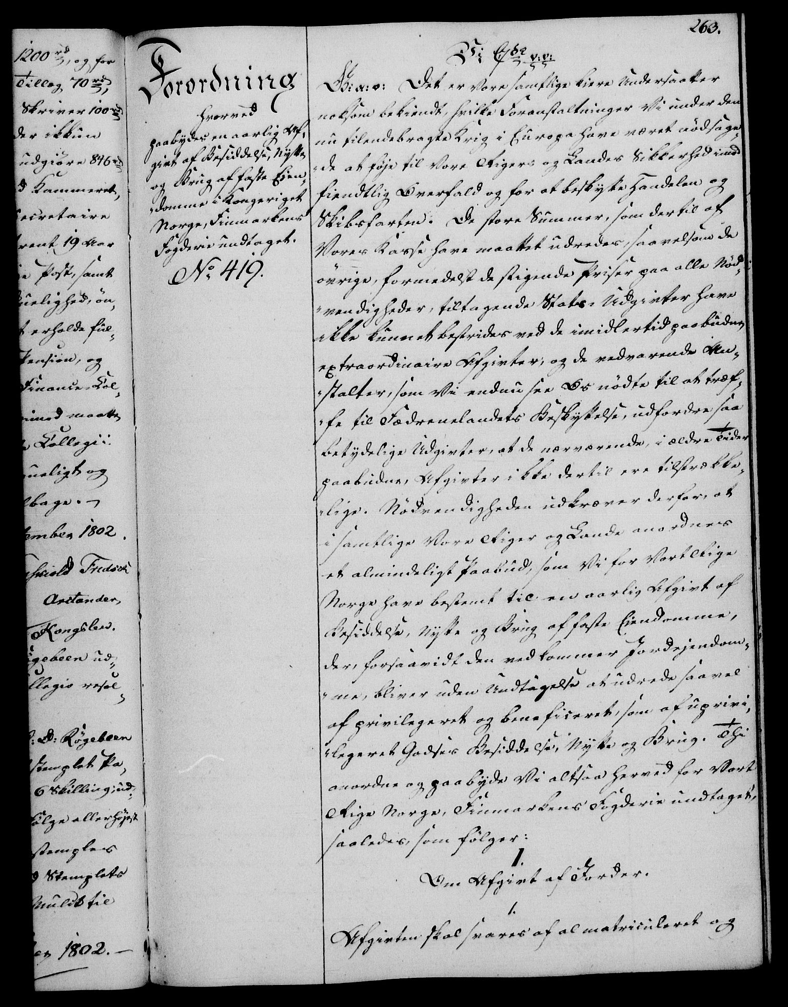 Rentekammeret, Kammerkanselliet, RA/EA-3111/G/Gg/Gga/L0017: Norsk ekspedisjonsprotokoll med register (merket RK 53.17), 1801-1803, s. 263