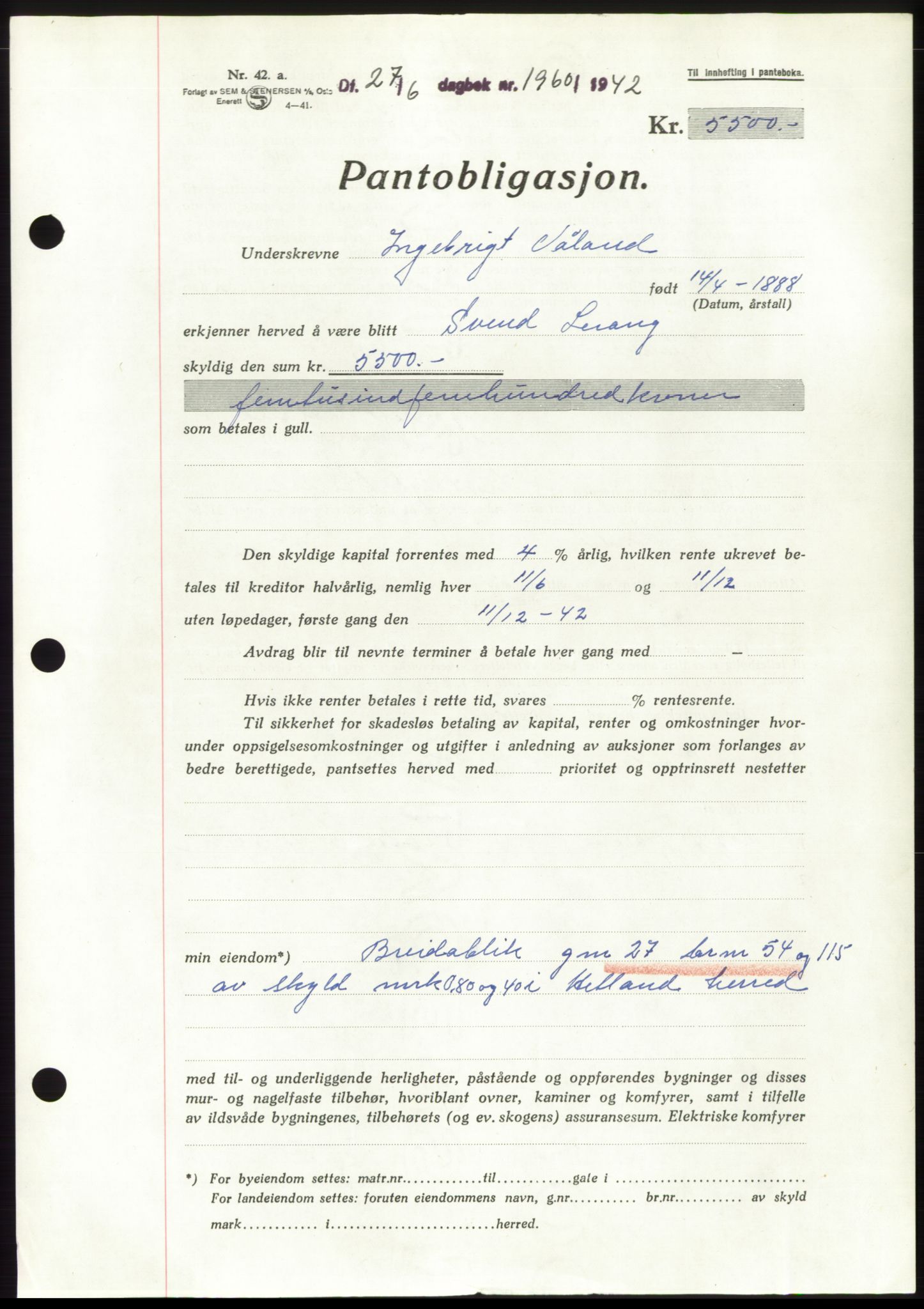 Jæren sorenskriveri, SAST/A-100310/03/G/Gba/L0082: Pantebok, 1942-1942, Dagboknr: 1960/1942