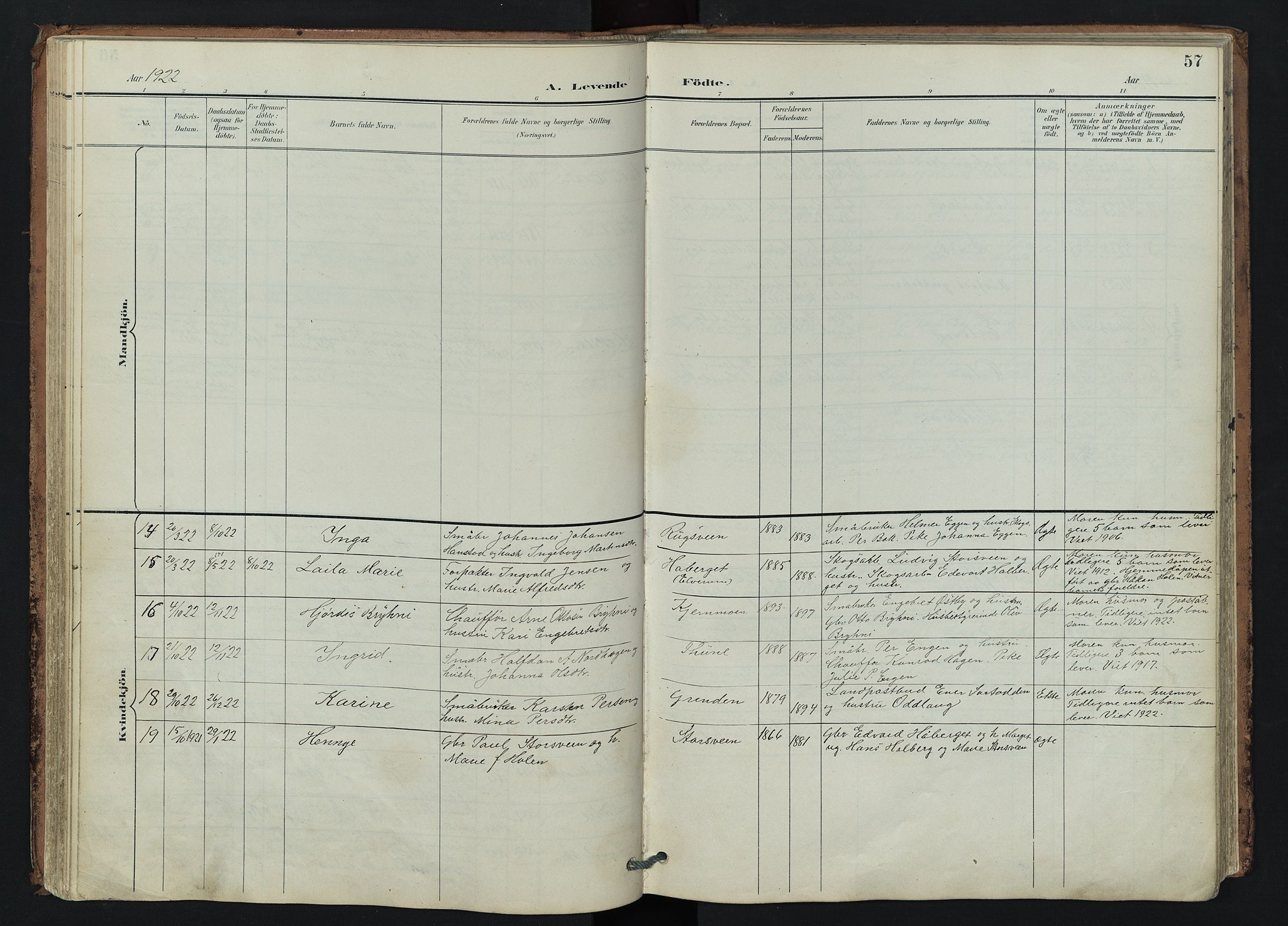 Trysil prestekontor, AV/SAH-PREST-046/H/Ha/Hab/L0007: Klokkerbok nr. 7, 1896-1948, s. 57