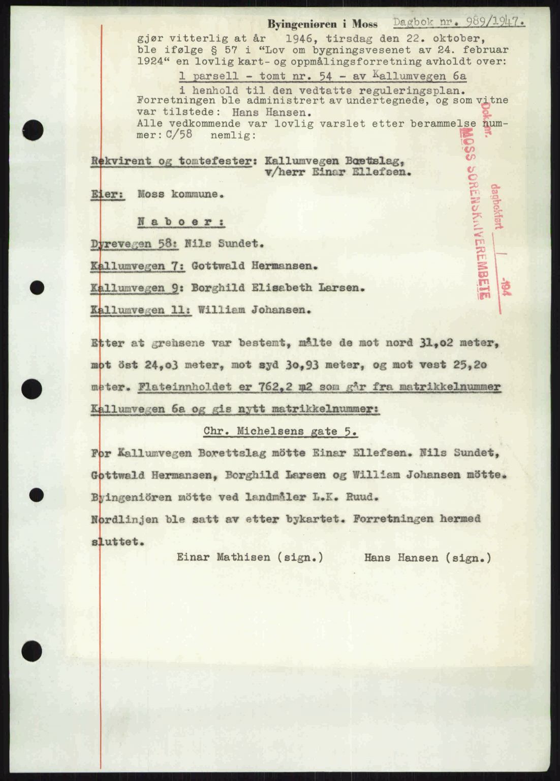 Moss sorenskriveri, SAO/A-10168: Pantebok nr. A17, 1947-1947, Dagboknr: 989/1947