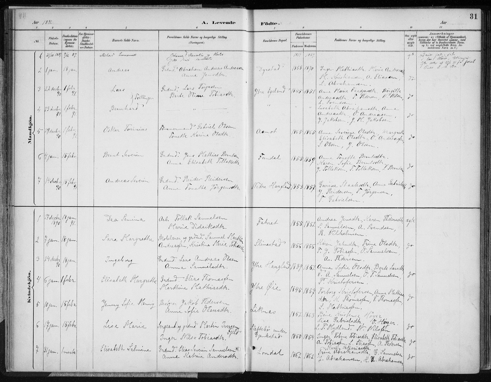Kvinesdal sokneprestkontor, SAK/1111-0026/F/Fa/Fab/L0008: Ministerialbok nr. A 8, 1886-1897, s. 31