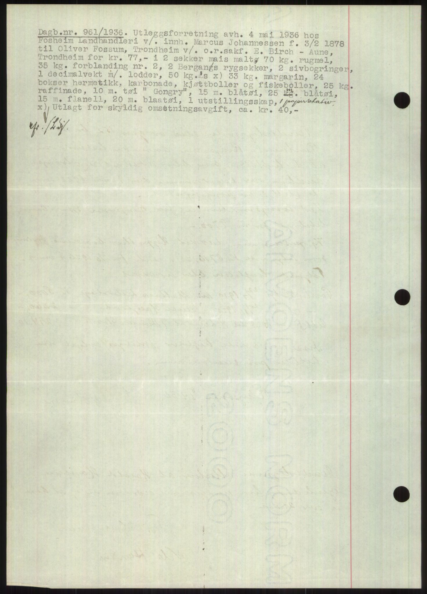 Nord-Hedmark sorenskriveri, SAH/TING-012/H/Hb/Hbf/L0001: Pantebok nr. B1, 1936-1936, Dagboknr: 961/1936