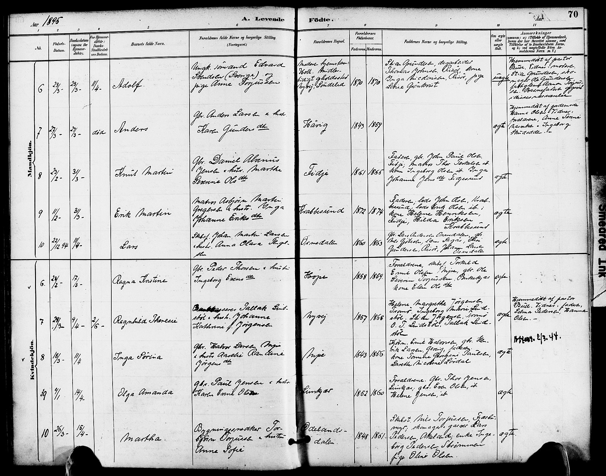 Søndeled sokneprestkontor, AV/SAK-1111-0038/F/Fa/L0005: Ministerialbok nr. A 5, 1889-1899, s. 70